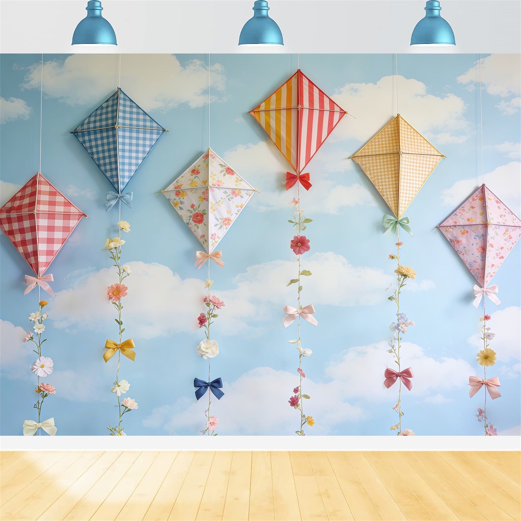Spring Kite Backdrop Sky Cloud Pastel Bow Flowers Spring Photography Backdrop UK CSH61-165