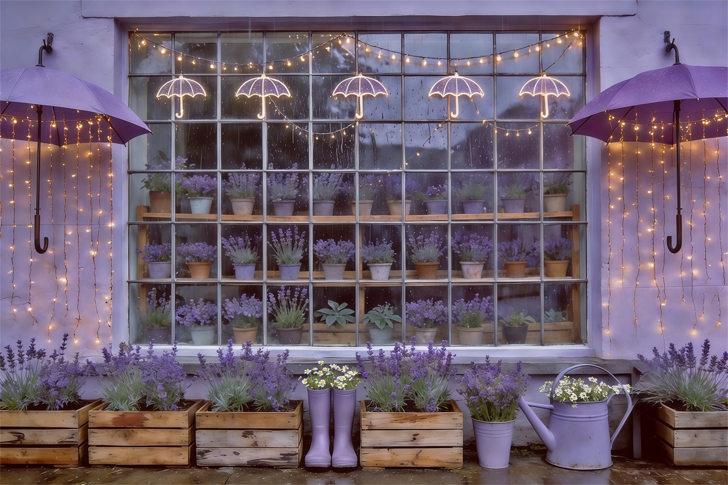 Spring Umbrella And Rain Boots Backdrop Lavender Garden Window Lights Springtime Backdrop UK CSH61-166