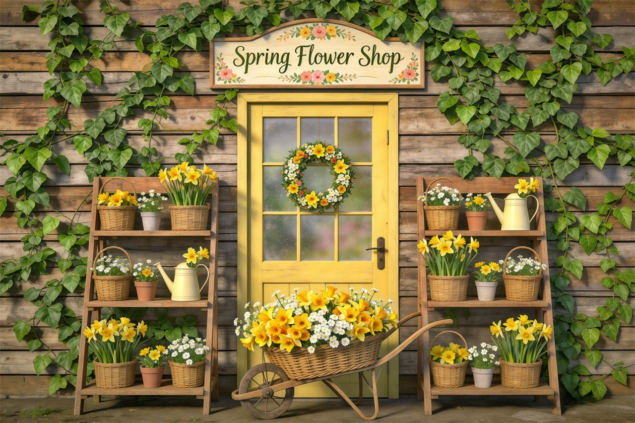 Spring Flower Shop Backdrop Yellow Door Floral Baskets Spring Theme Backdrop UK CSH61-169