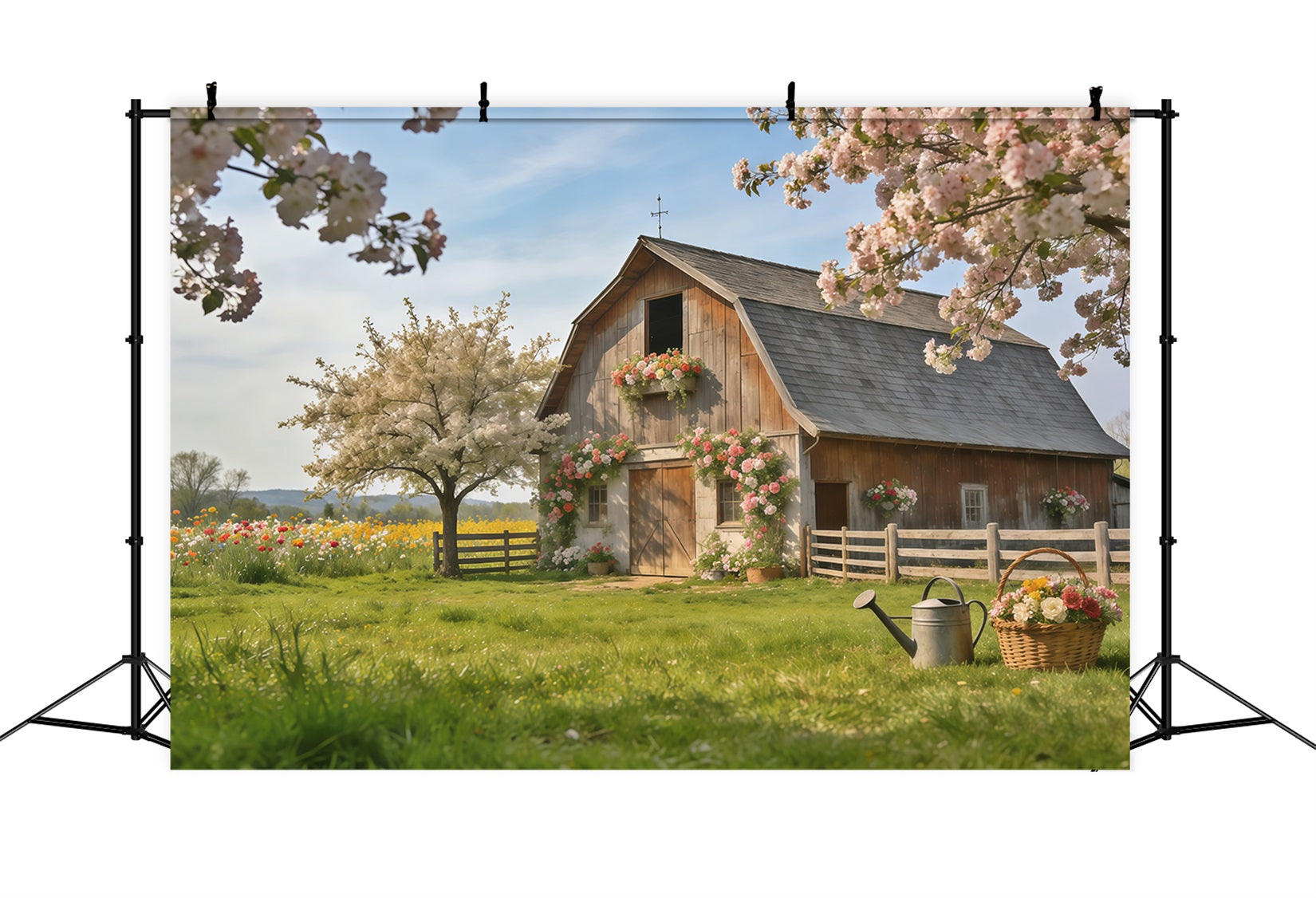 Spring Barn Backdrop Rustic Farmhouse Blossom Meadow Spring Backdrops For Photography UK CSH61-172