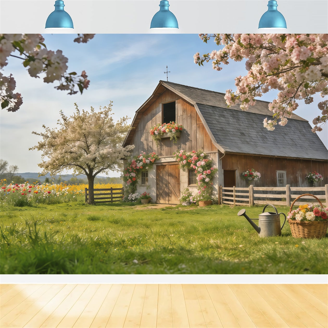 Spring Barn Backdrop Rustic Farmhouse Blossom Meadow Spring Backdrops For Photography UK CSH61-172
