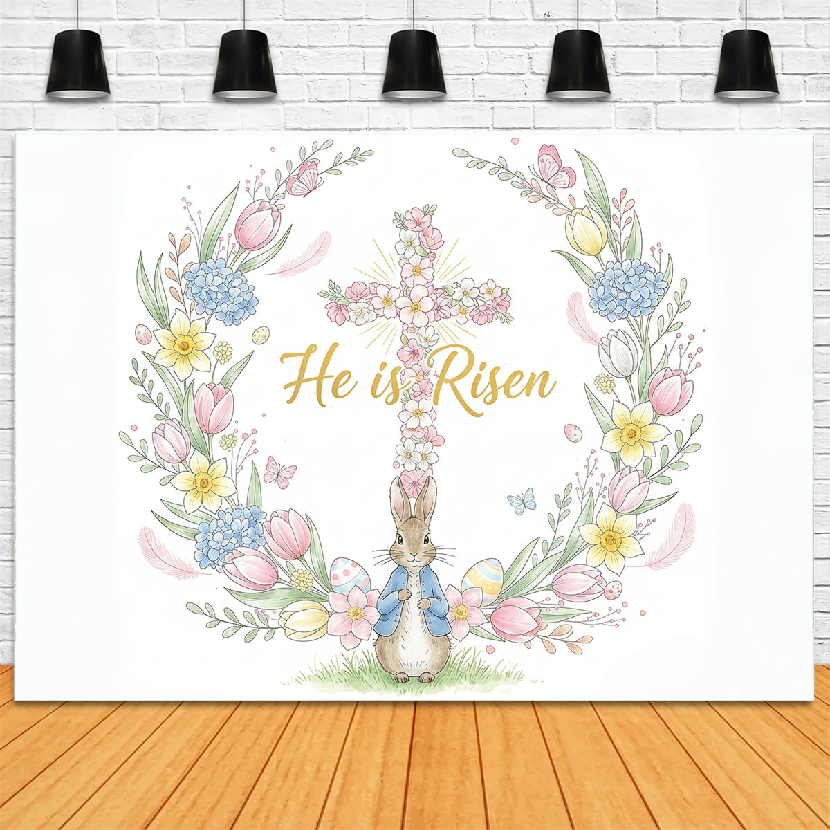 Easter Backdrops For Church Floral Cross Bunny Wreath Easter Backdrops UK CSH61-2