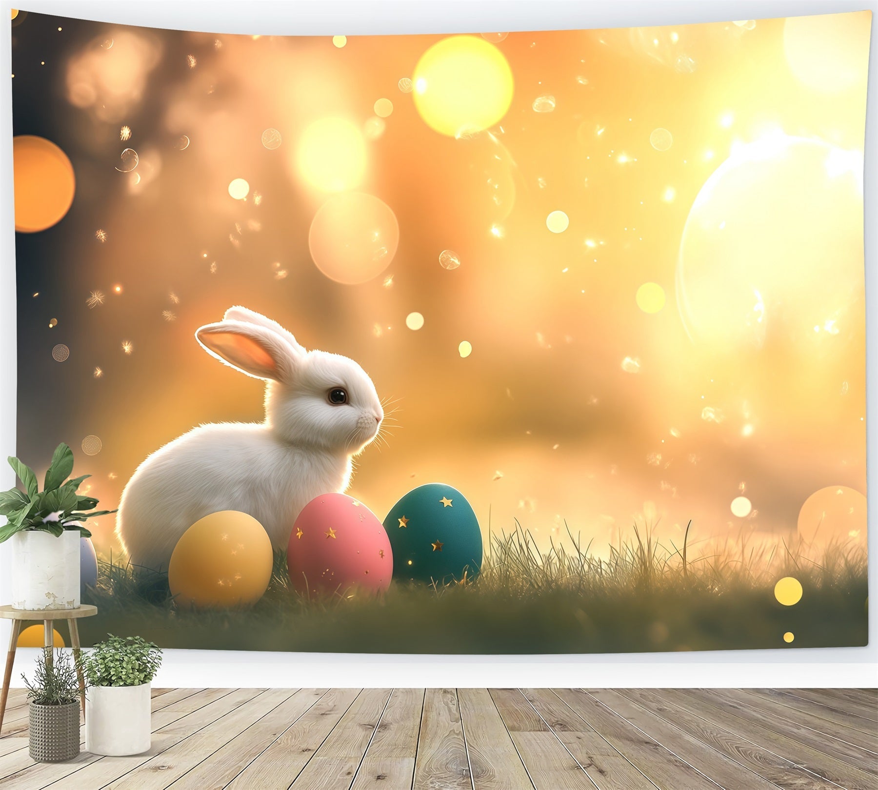 Easter Bunny Backdrop Warm Sunlight Glow Eggs Bokeh Easter Photo Backdrop UK CSH61-21