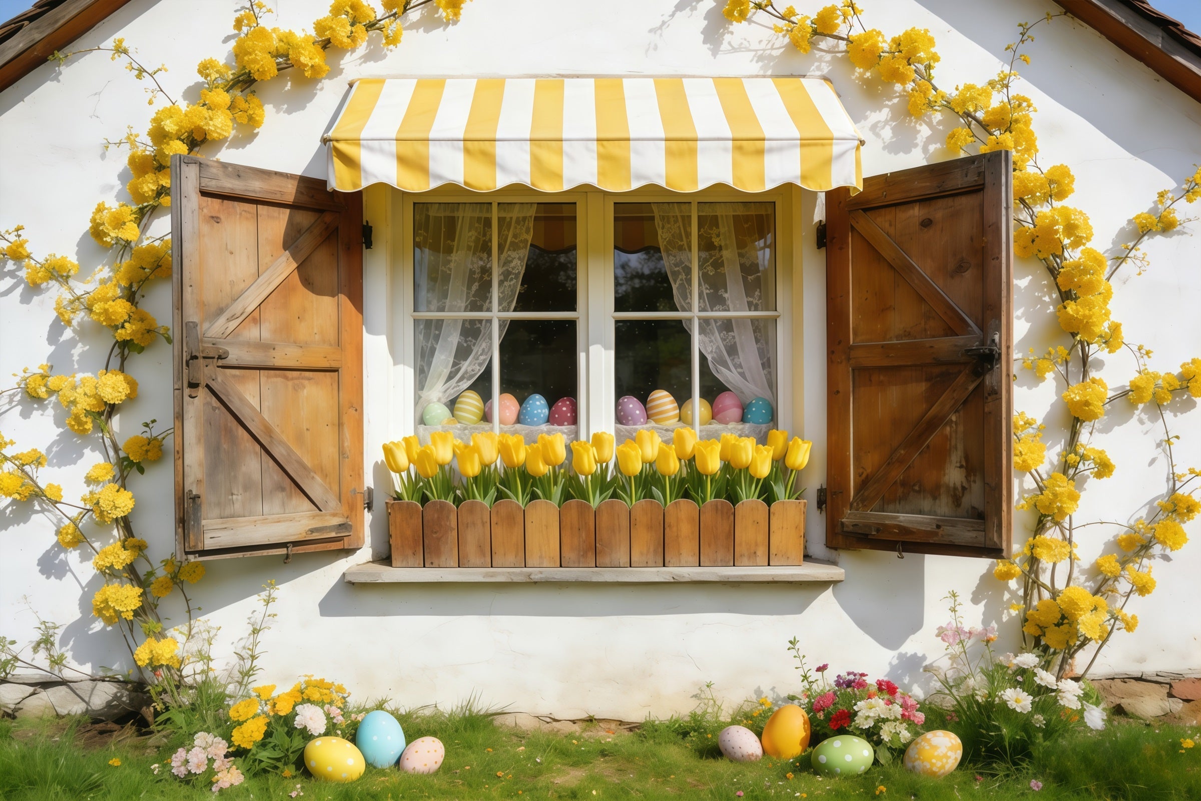 Tulip Backdrop Yellow Awning Cottage Window Easter Picture Backdrops UK CSH61-41