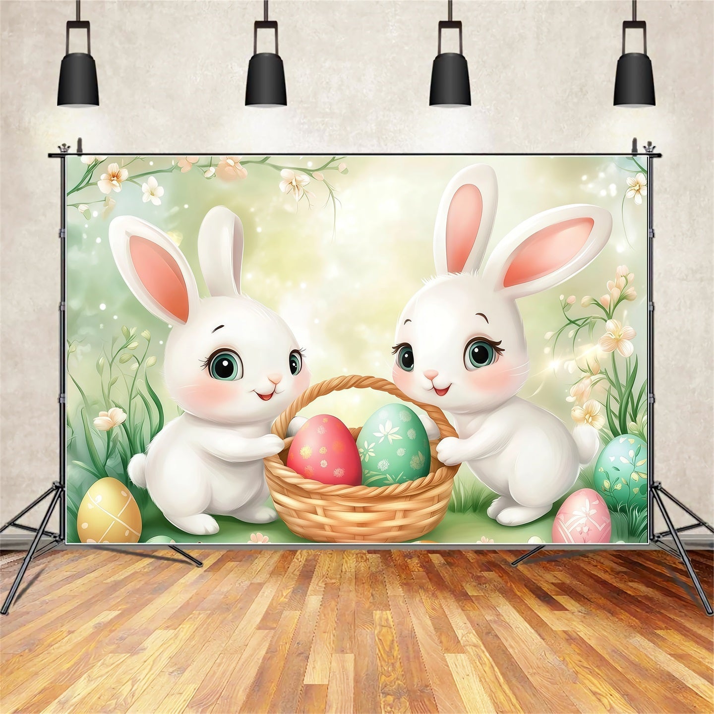 Easter Egg Hunt Backdrop Cartoon Bunny Basket Meadow Easter Picture Backdrops UK CSH61-50