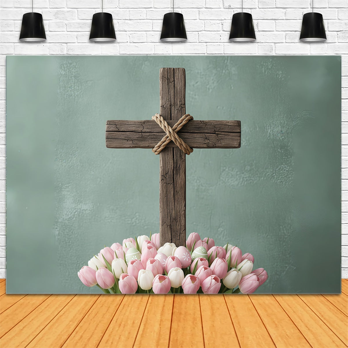 Easter Church Photo Backdrop Rustic Wooden Cross Tulip Bloom Easter Backdrop Ideas UK CSH61-7