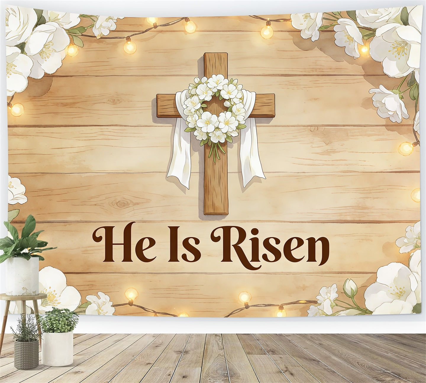Easter He Is Risen Backdrop Cross Wreath White Flowers Photography Easter Backdrop UK CSH61-80