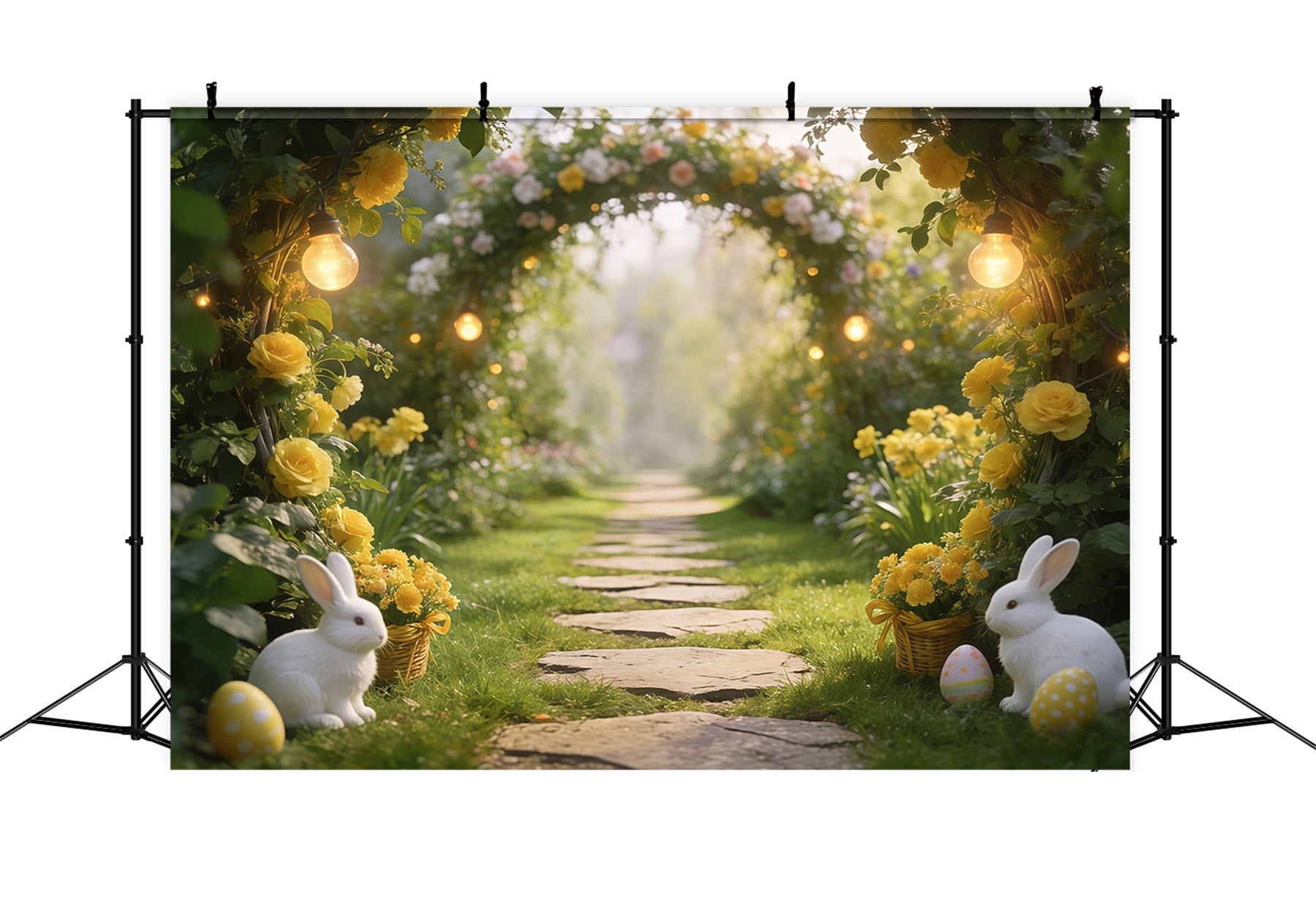 Easter Grass Backdrop Garden Arch Bunnies Eggs Lights Happy Easter Photo Backdrop UK CSH61-84