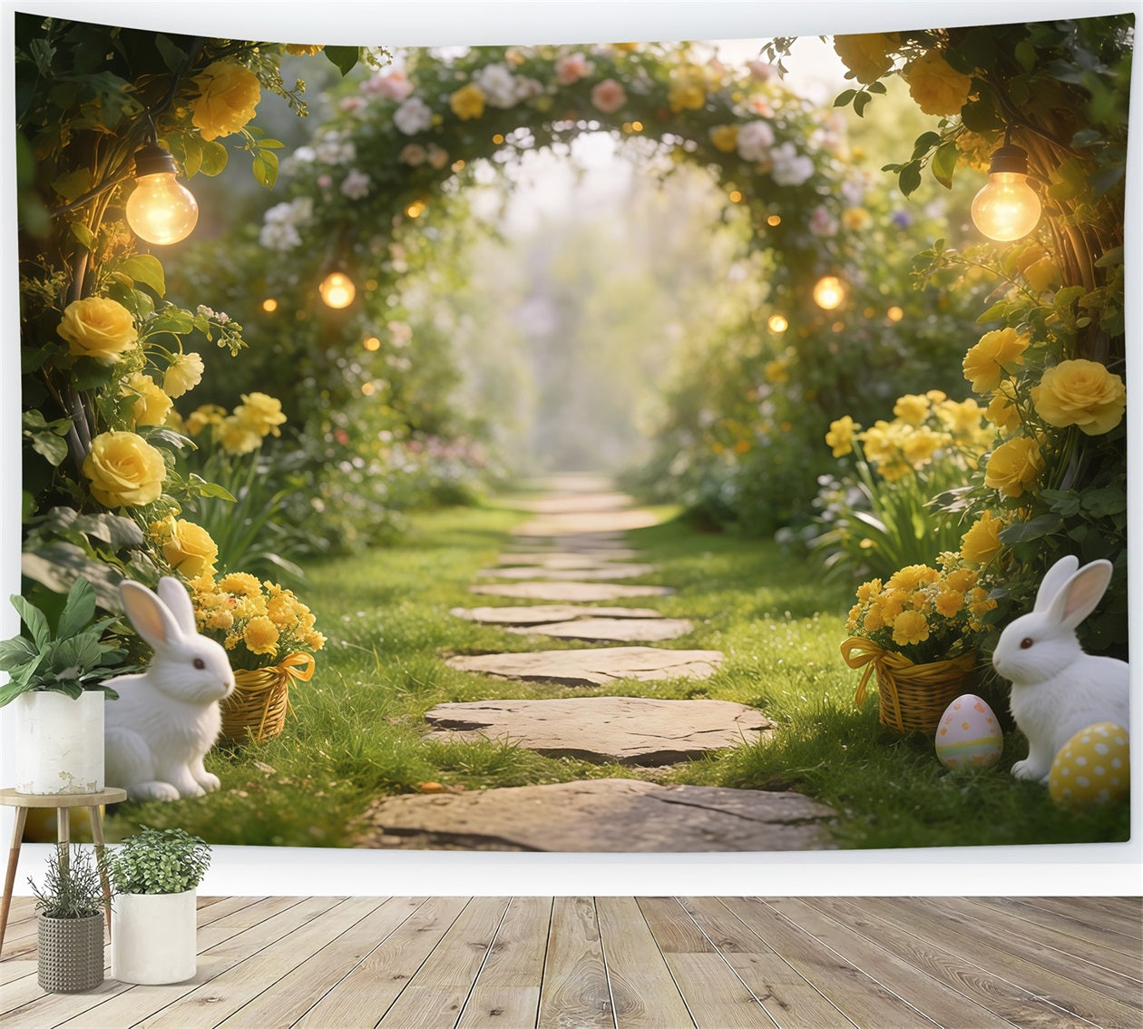 Easter Grass Backdrop Garden Arch Bunnies Eggs Lights Happy Easter Photo Backdrop UK CSH61-84