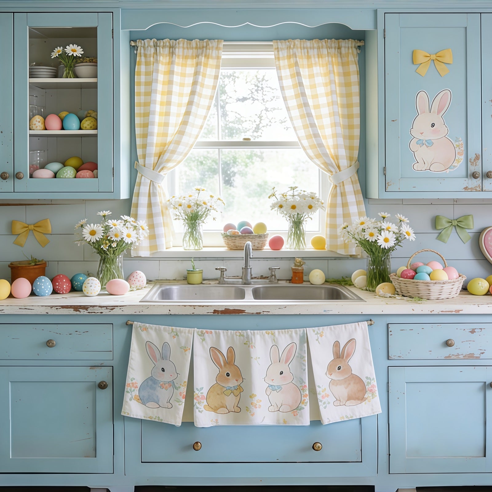 Easter Cute Backdrop Blue Cabinet Bunny Eggs Daisies Photography Backdrops Easter UK CSH61-90