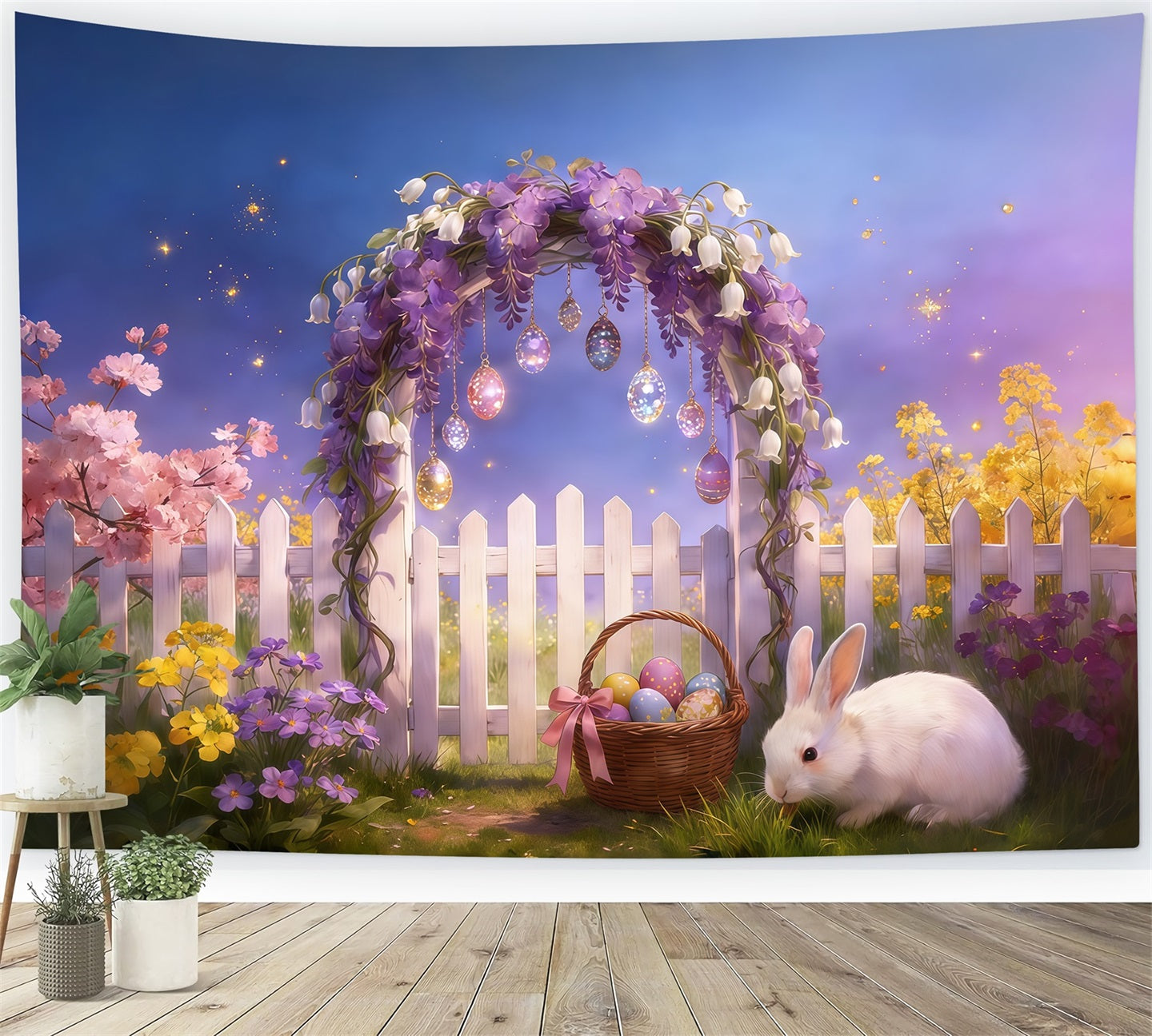 Easter Fairytale Backdrop Flower Arch Fence Eggs Hanging Bunny Easter Party Backdrop UK CSH61-92