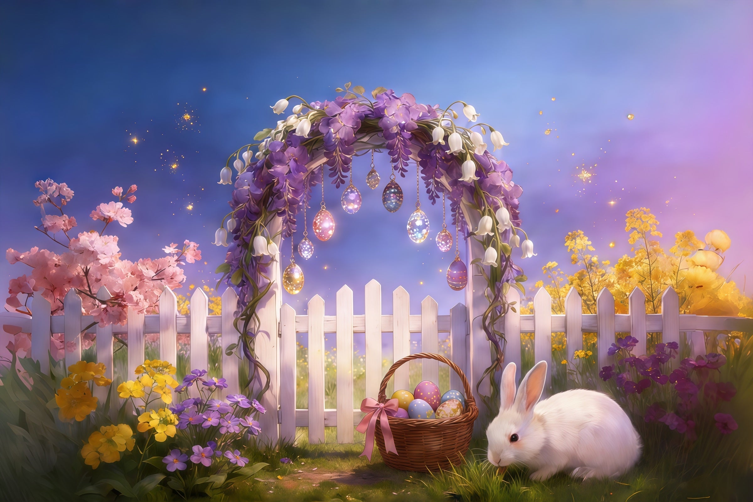 Easter Fairytale Backdrop Flower Arch Fence Eggs Hanging Bunny Easter Party Backdrop UK CSH61-92