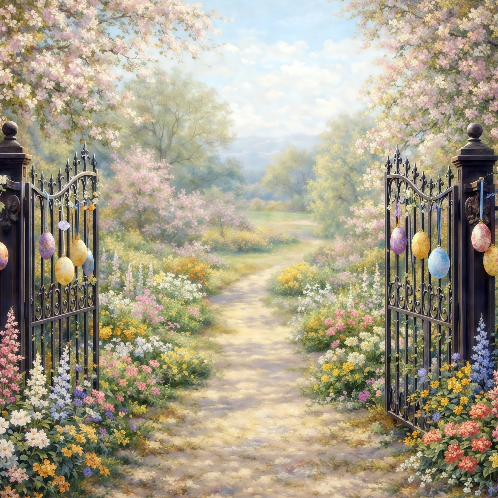 Easter Vintage Floral Backdrop Garden Gate Blossom Path Eggs 10x10 Easter Backdrops UK CSH61-93