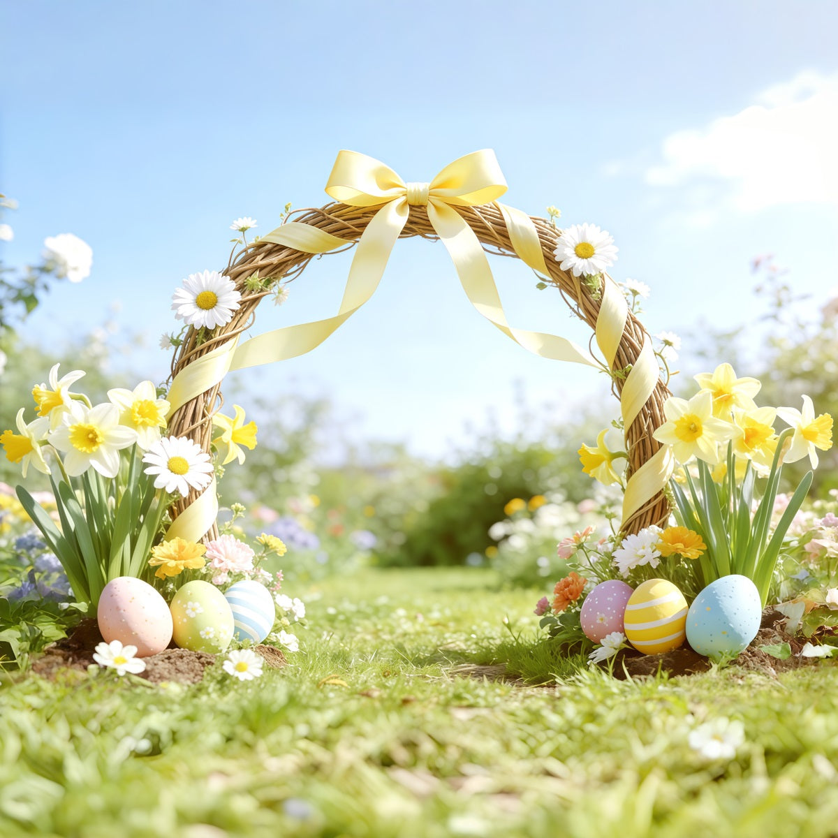 Easter Spring Garden Arch Backdrop Yellow Bow Daffodil,l Arch Happy Easter Photo Backdrop UK CSH62-101
