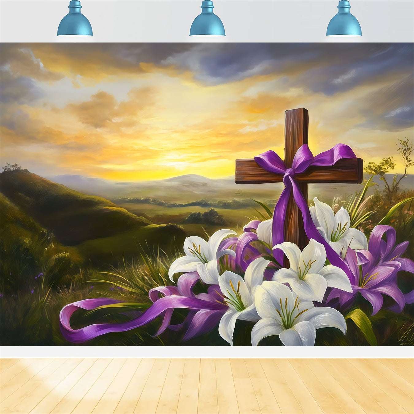 Easter Cross And Lilies Backdrop Sunset Mountain Religious Photo Backdrops For Easter UK CSH62-103