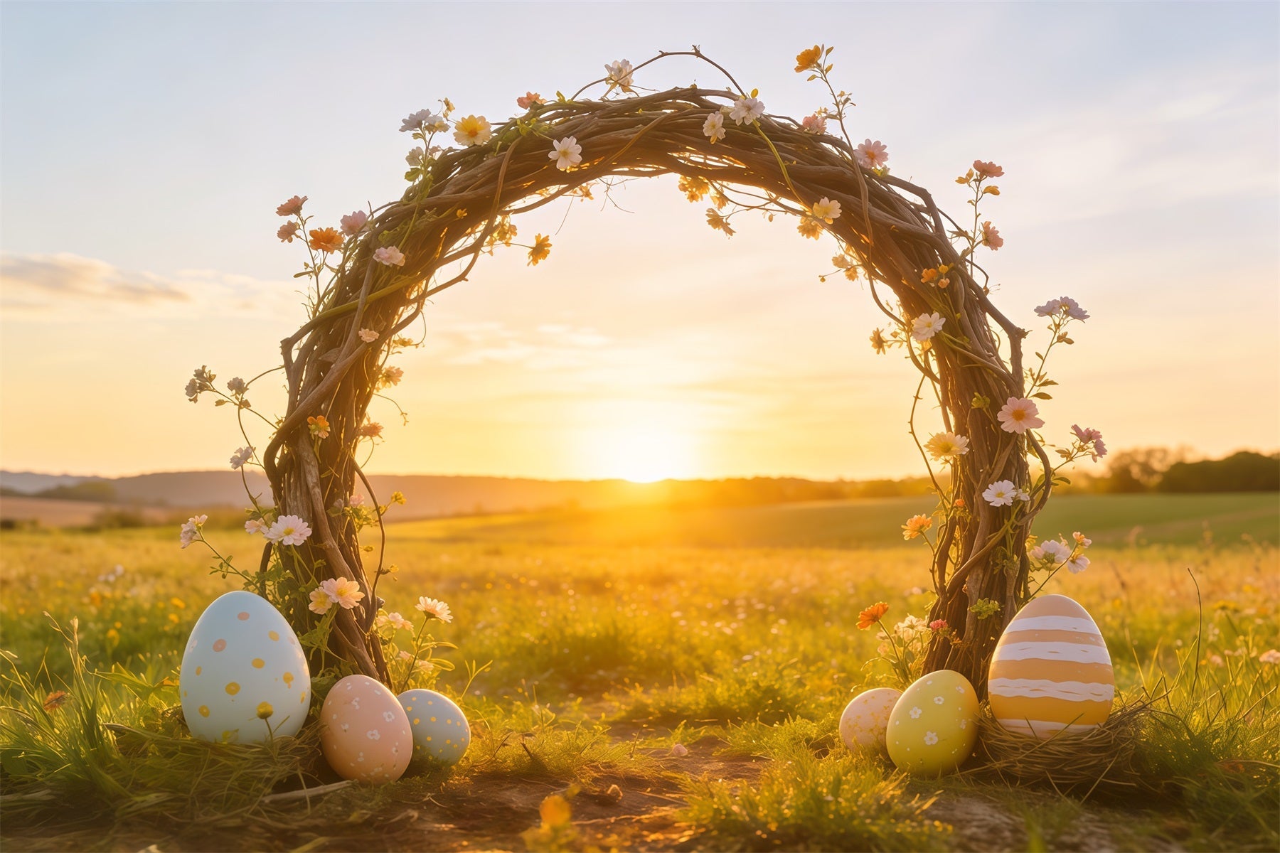 Easter Sunrise Field Backdrop Wildflower Twig Arch Eggs Simple Easter Backdrop UK CSH62-104