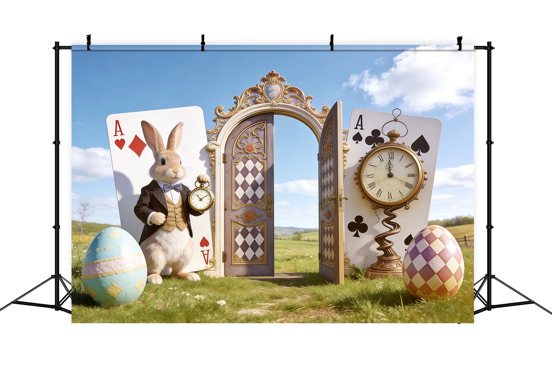 Easter Blue Sky Backdrop Wonderland Bunny Clock Door Photography Backdrops Easter UK CSH62-105