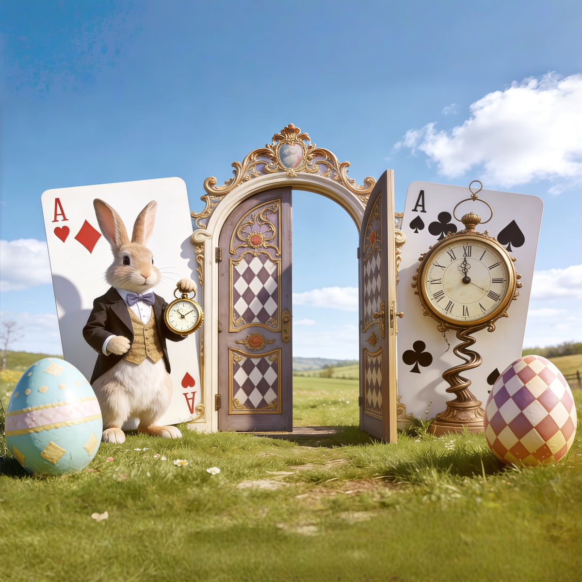 Easter Blue Sky Backdrop Wonderland Bunny Clock Door Photography Backdrops Easter UK CSH62-105