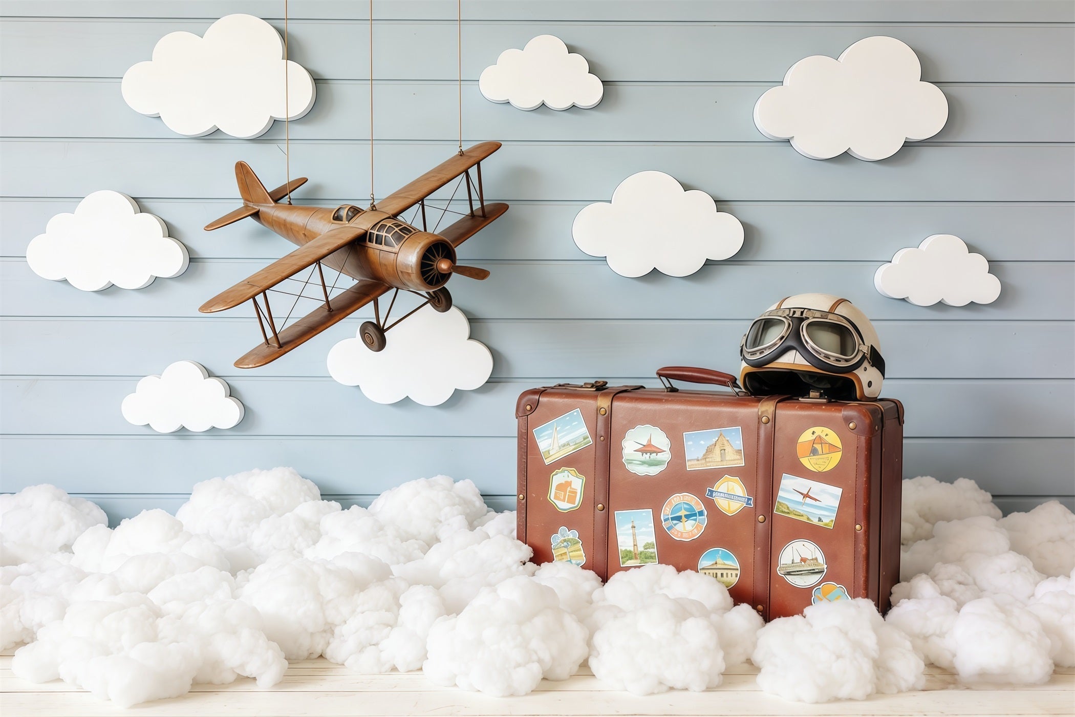 Cloud Photography Backdrop Vintage Plane Suitcase Wood Children Backdrops UK CSH62-116