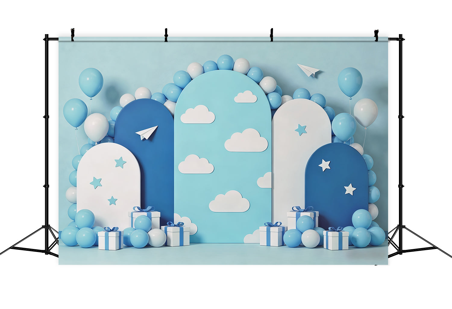 Cloud Backdrop Photoshoot Blue Balloon Arch Paper Planes Children's Backdrop UK CSH62-119