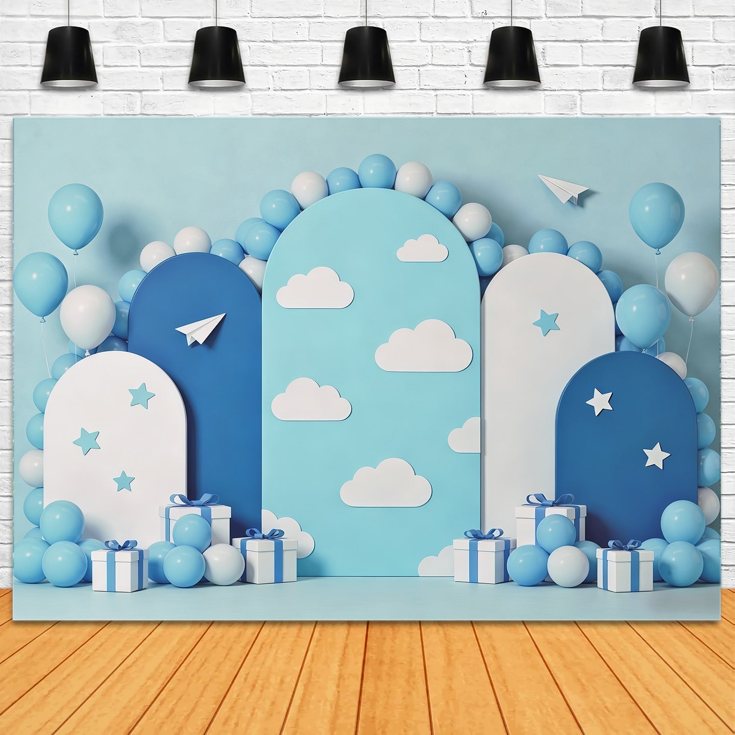 Cloud Backdrop Photoshoot Blue Balloon Arch Paper Planes Children's Backdrop UK CSH62-119