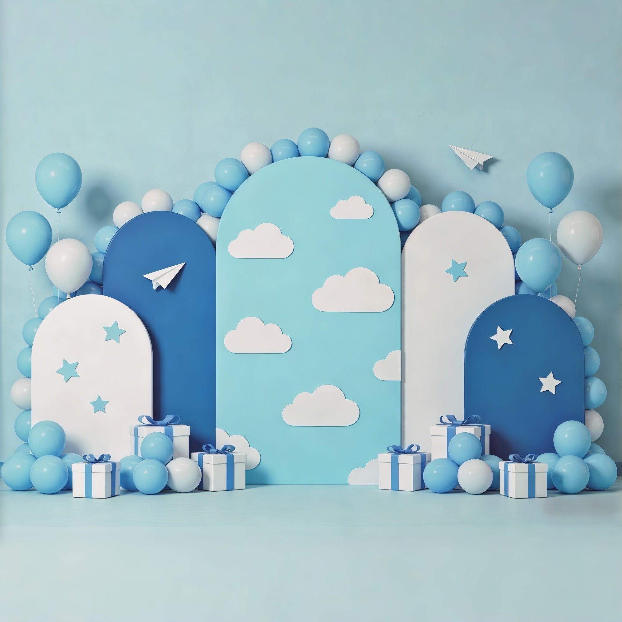 Cloud Backdrop Photoshoot Blue Balloon Arch Paper Planes Children's Backdrop UK CSH62-119