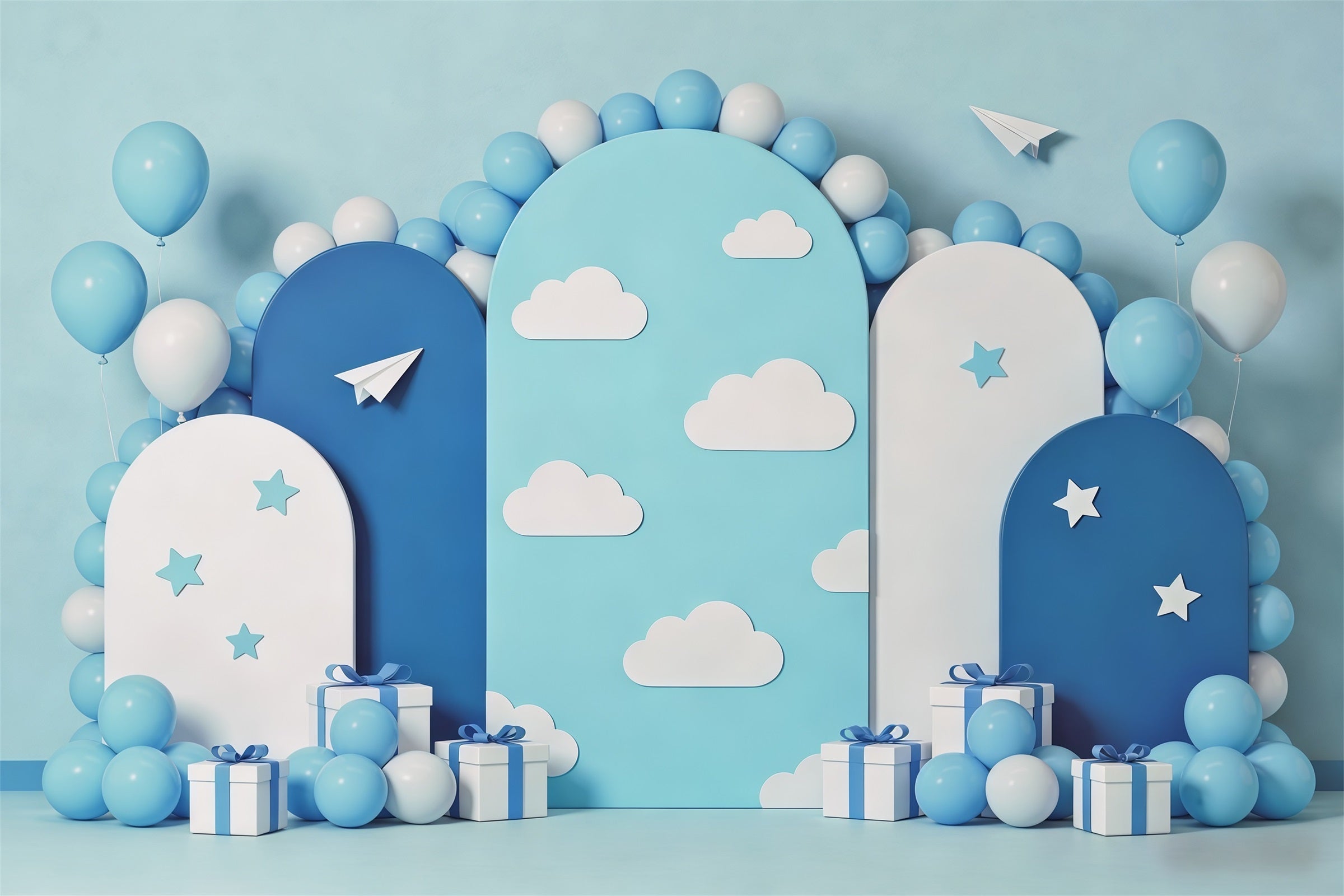 Cloud Backdrop Photoshoot Blue Balloon Arch Paper Planes Children's Backdrop UK CSH62-119