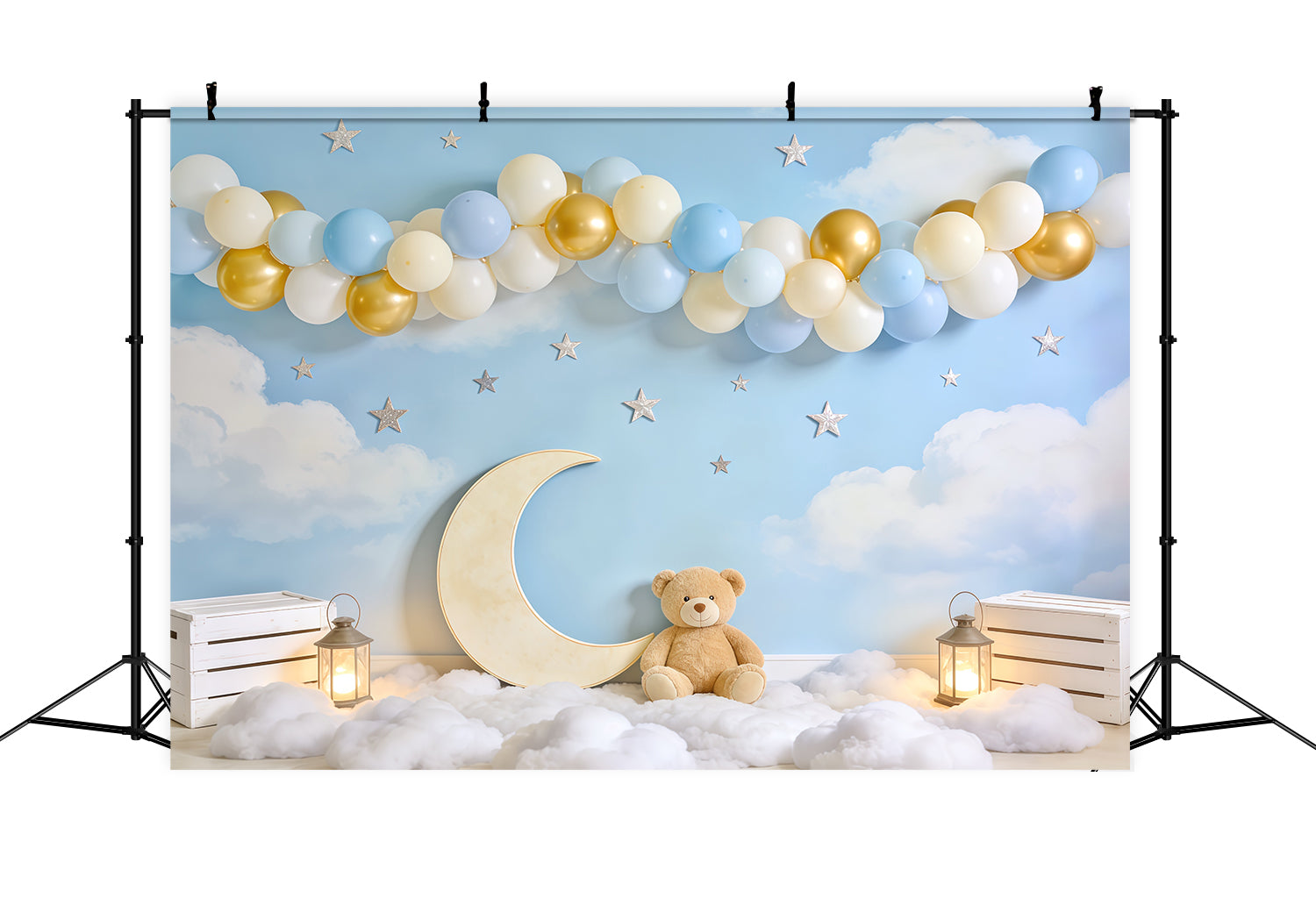 Sky Clouds Backdrop Moon Teddy Bear Balloon Arch Newborn Backdrop UK CSH62-140