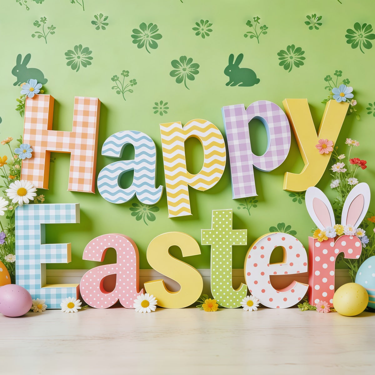 Happy Easter Backdrop Colorful Letters Bunny Eggs Photo Booth Easter Backdrop Ideas UK CSH62-65