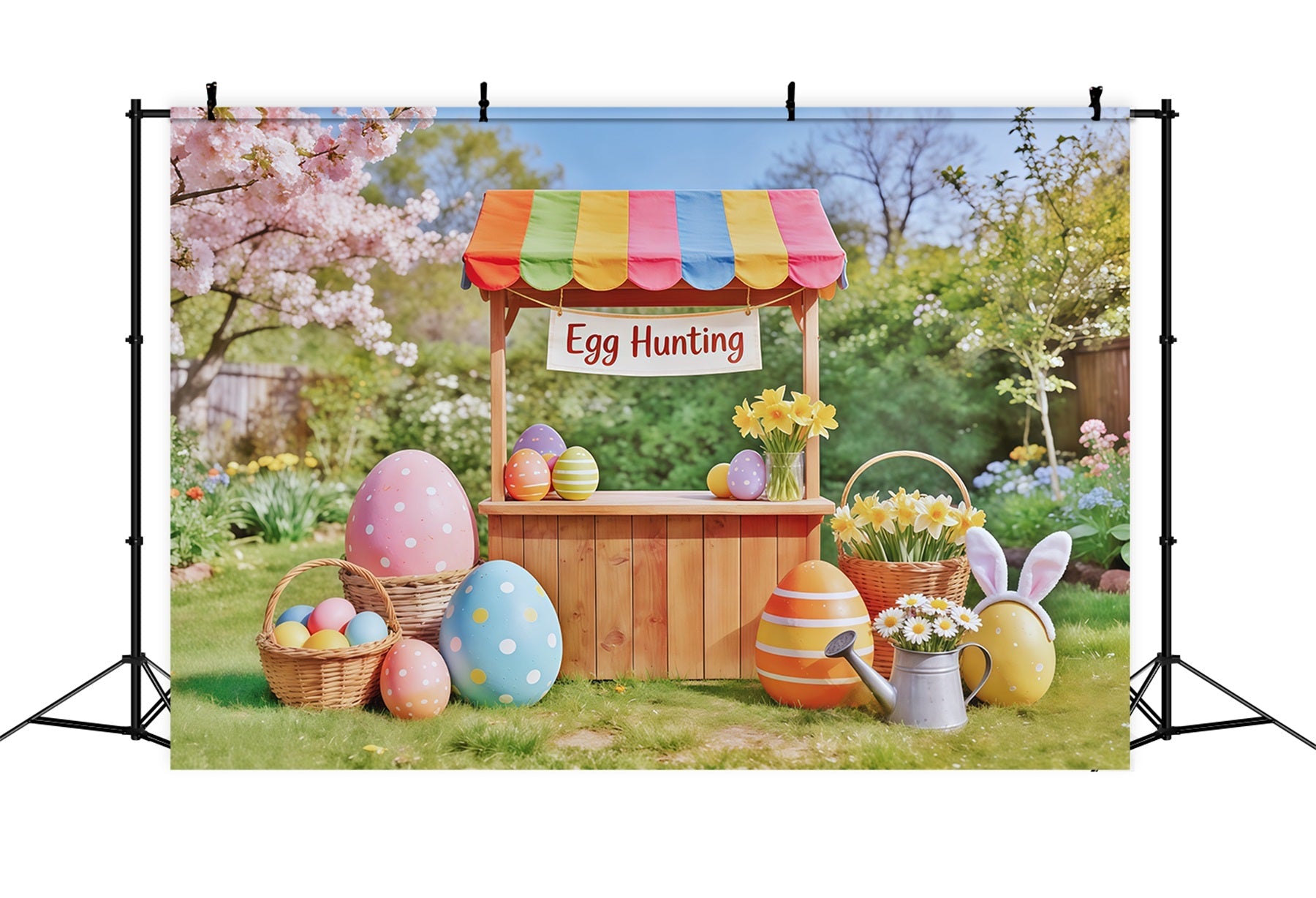 Egg Hunt Backdrop Wooden Cart Cherry Blossom Backdrop Ideas For Easter UK CSH62-67