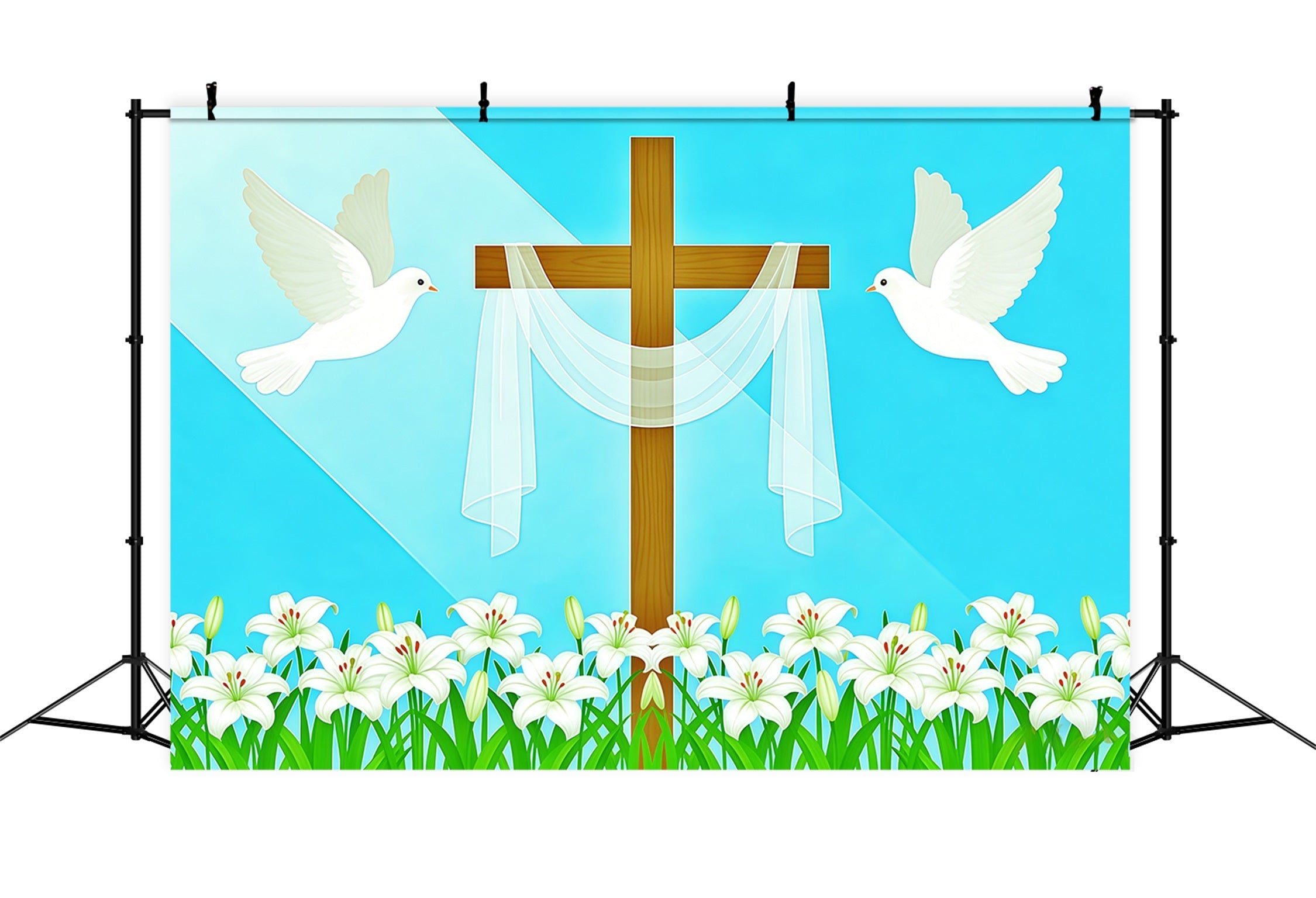 Cross And Lilies Backdrop Doves Religious Light Beam Easter Backdrop Photos UK CSH62-68