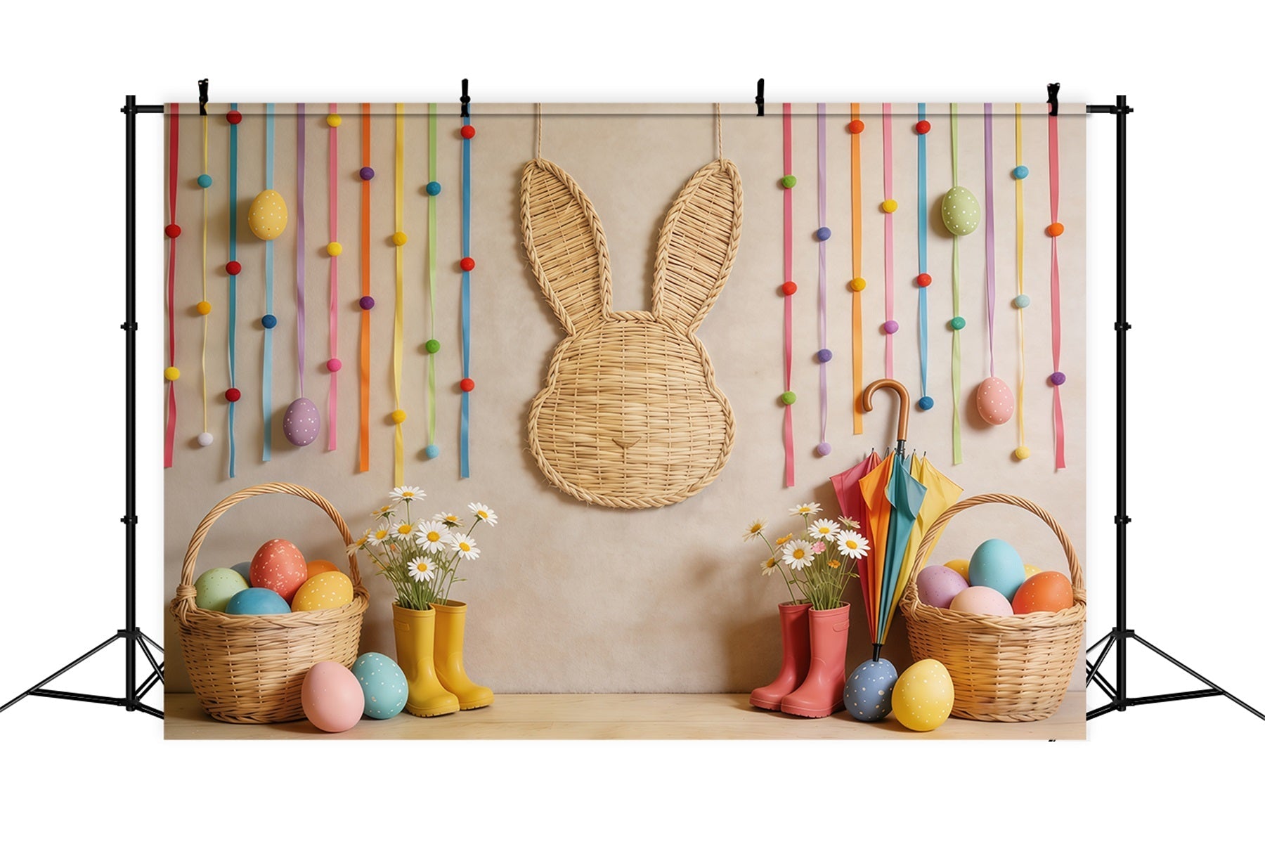 Easter Basket Backdrop Wicker Bunny Egg Daisy Photo Backdrop For Easter UK CSH62-71