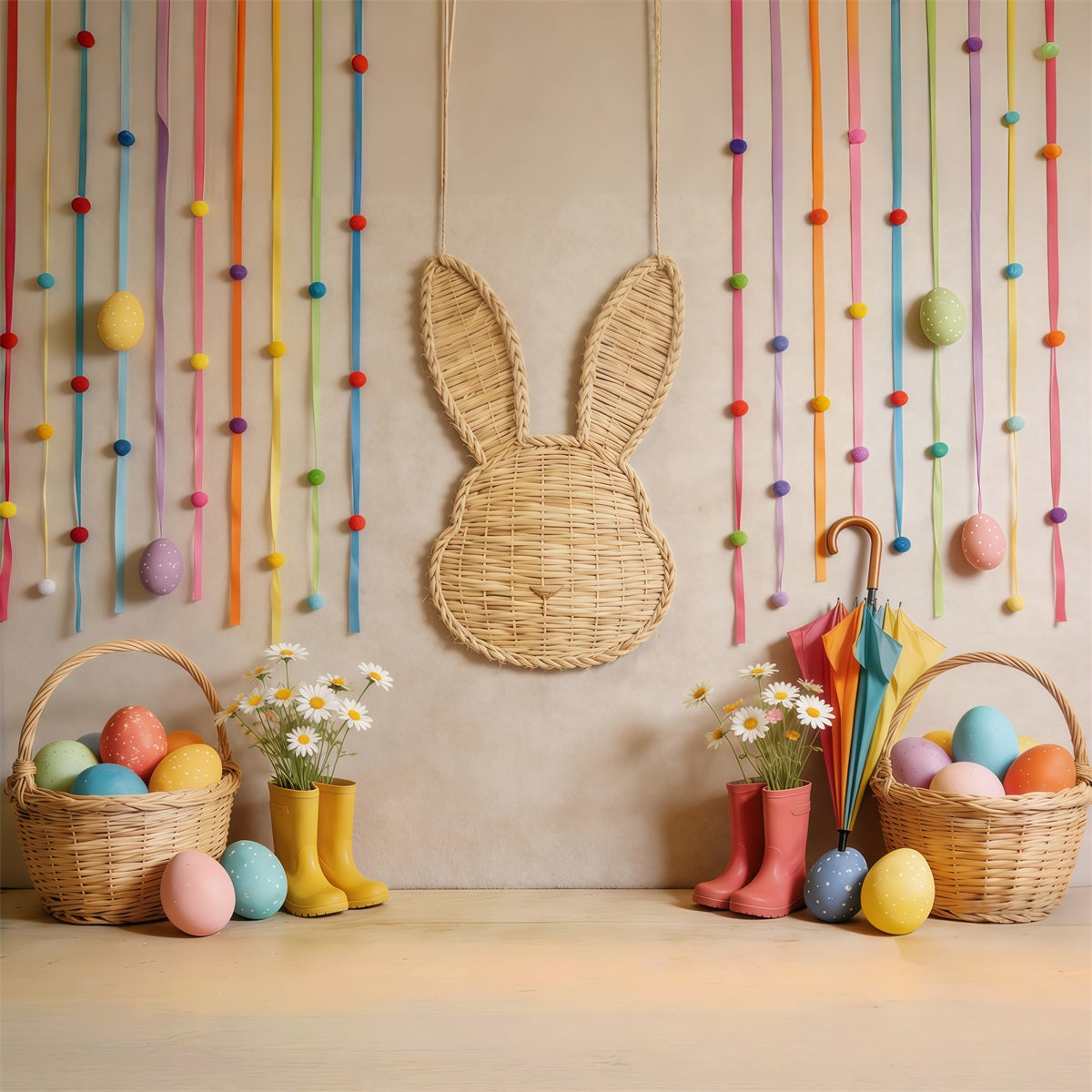 Easter Basket Backdrop Wicker Bunny Egg Daisy Photo Backdrop For Easter UK CSH62-71