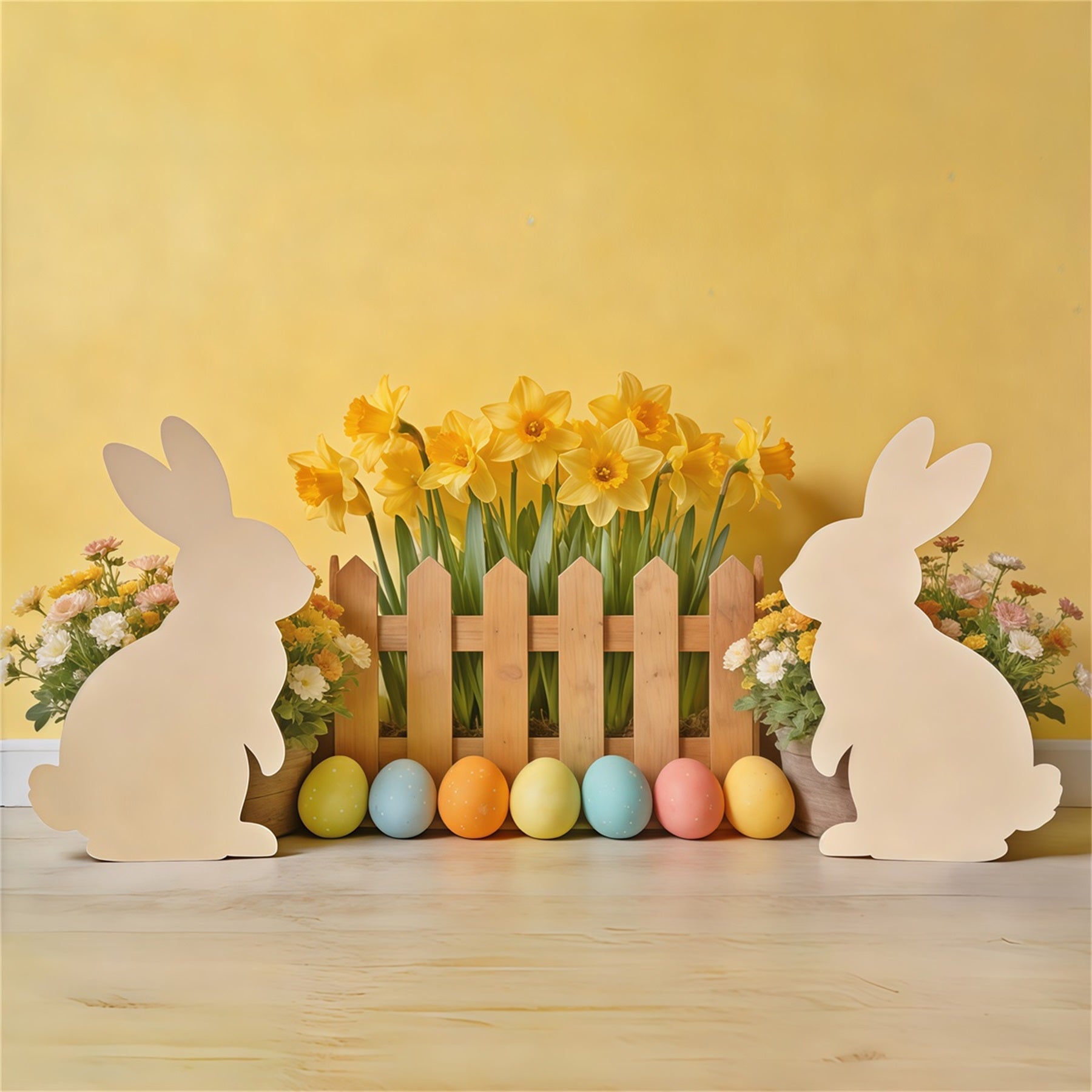 Easter Bunny Silhouette Backdrop Daffodil,l Eggs Wooden Fence Photography Easter Backdrop Ideas UK CSH62-73