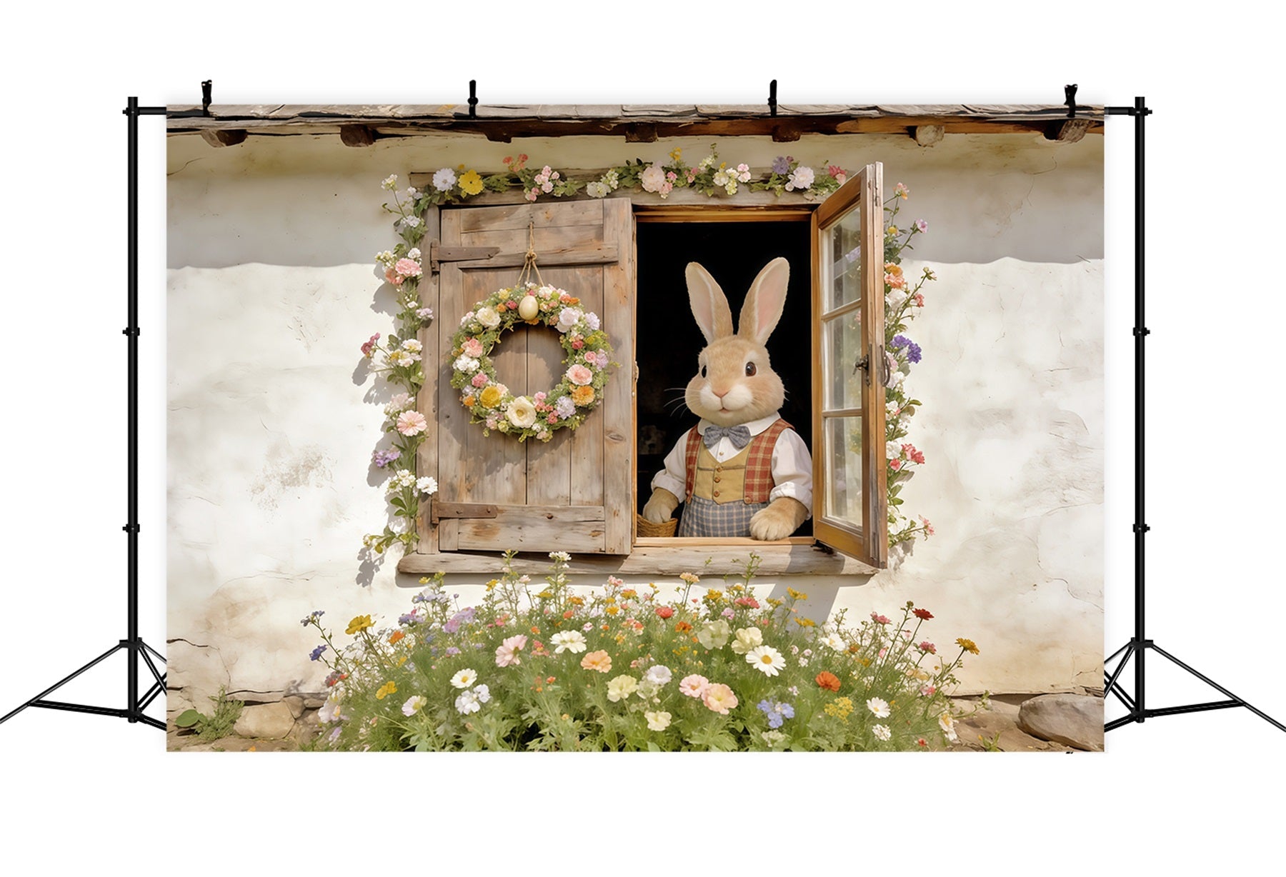 Easter Rabbit Backdrop Bunny Window Floral Wreath Easter Play Backdrops UK CSH62-74