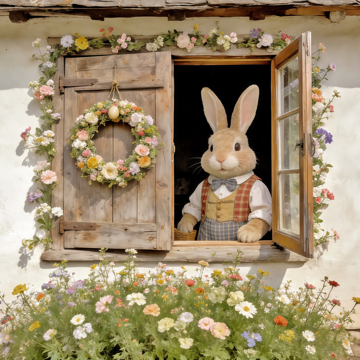 Easter Rabbit Backdrop Bunny Window Floral Wreath Easter Play Backdrops UK CSH62-74
