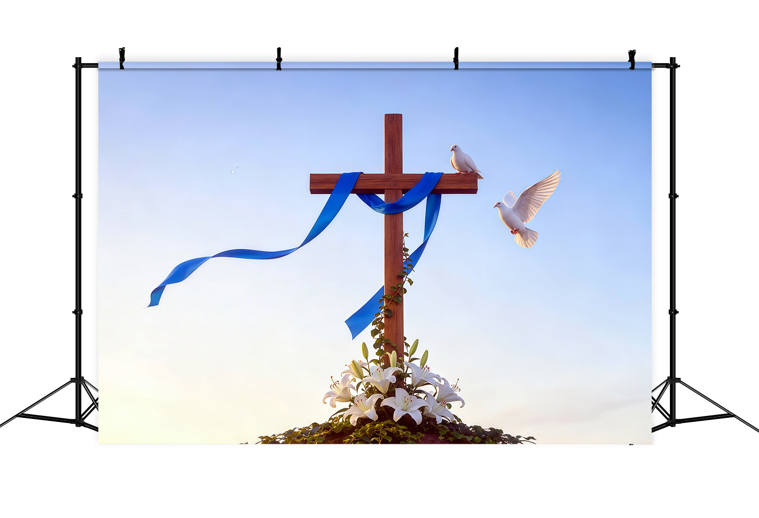 Easter Cross Backdrop Lily Doves Blue Ribbon Simple Easter Photo Backdrop UK CSH62-82