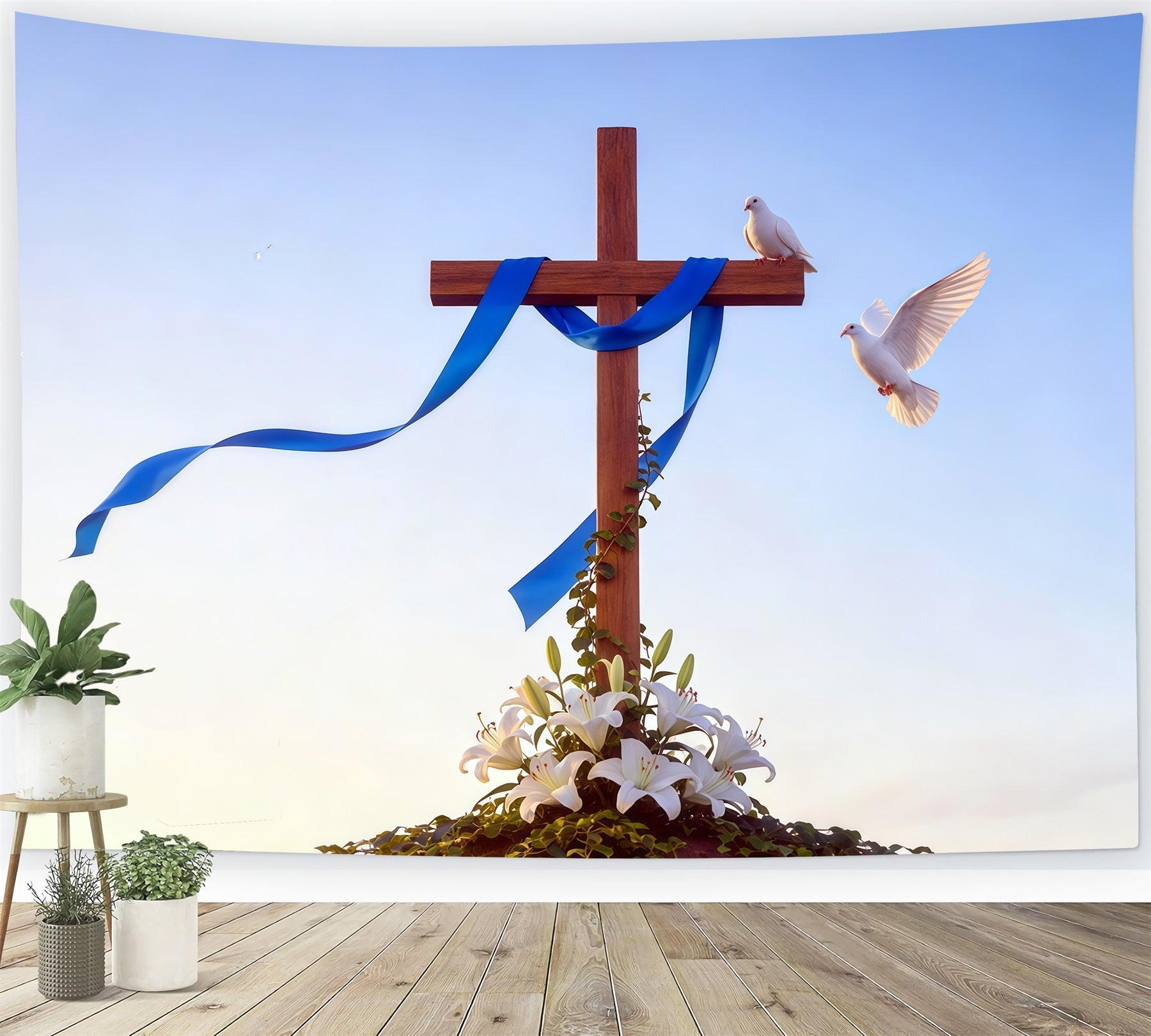 Easter Cross Backdrop Lily Doves Blue Ribbon Simple Easter Photo Backdrop UK CSH62-82