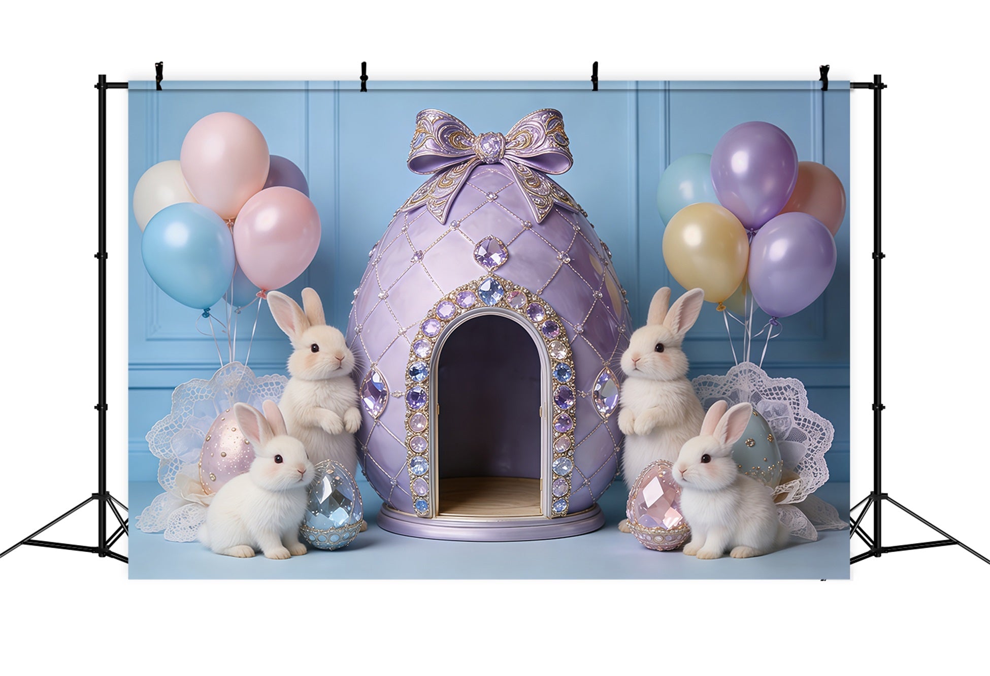 Easter Pastel Balloons Backdrop Jeweled Egg House Bunny My First Easter Backdrop UK CSH62-85