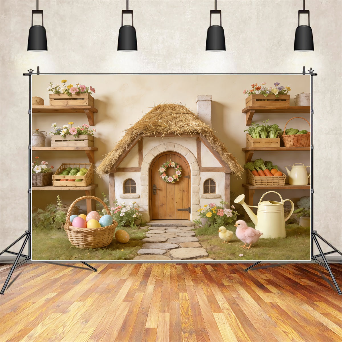 Easter Marshmallow Chick Backdrop Thatched Cottage Egg Basket Easter Backdrops Photo UK CSH62-87