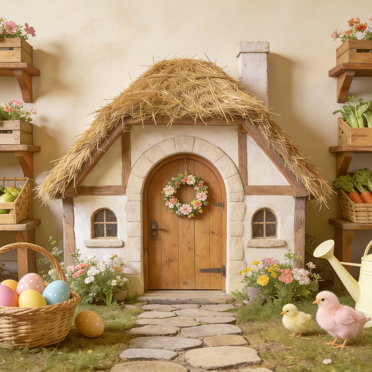 Easter Marshmallow Chick Backdrop Thatched Cottage Egg Basket Easter Backdrops Photo UK CSH62-87