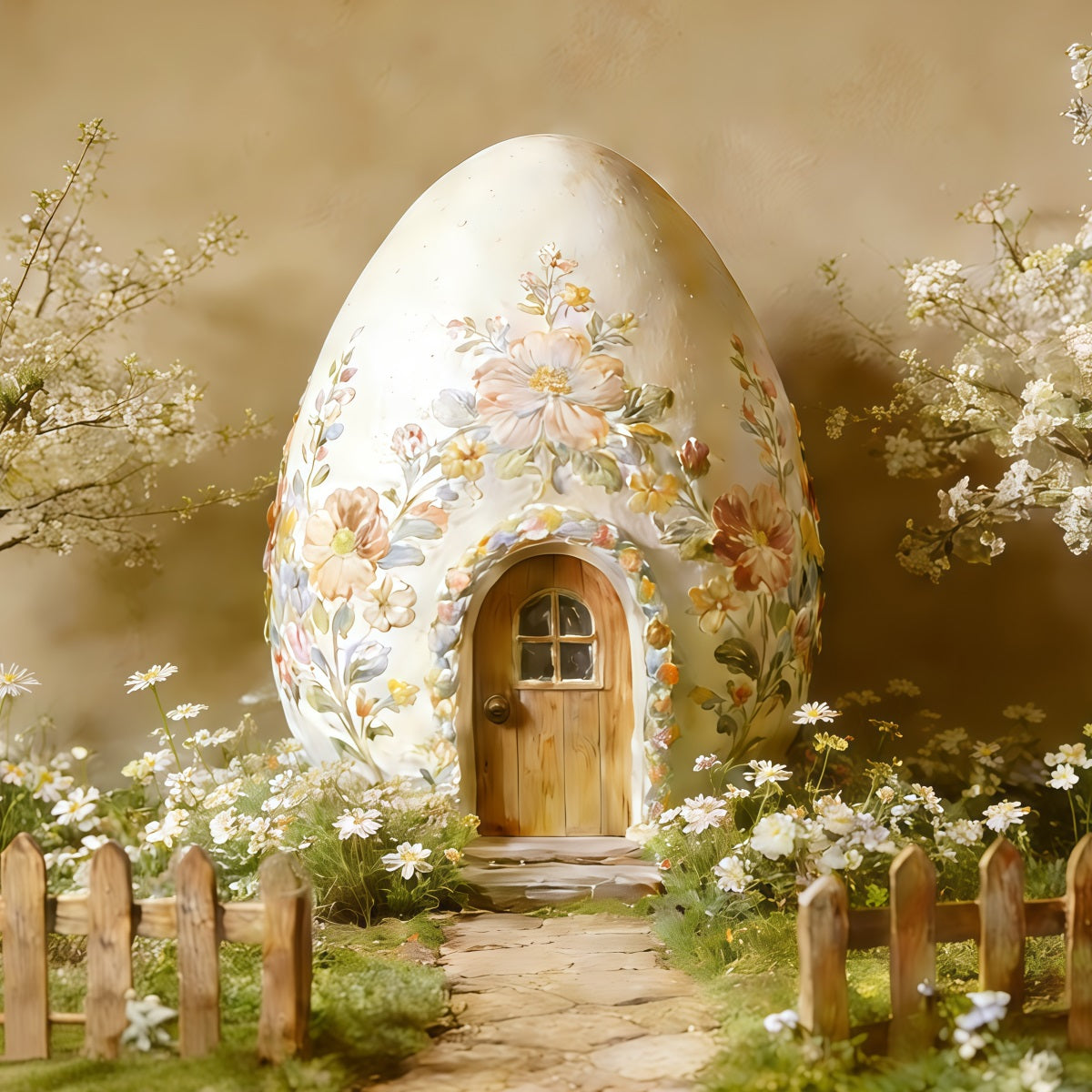 Easter Cottage Garden Backdrop Floral Egg House Blossoms Easter Photography Backdrop Ideas UK CSH62-89