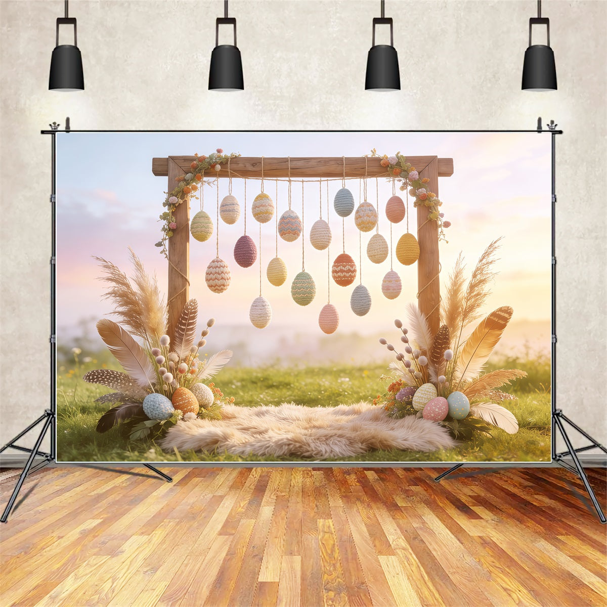 Easter Boho Backdrop Crochet Egg Feather Hay Backdrops For Easter Pictures UK CSH62-93