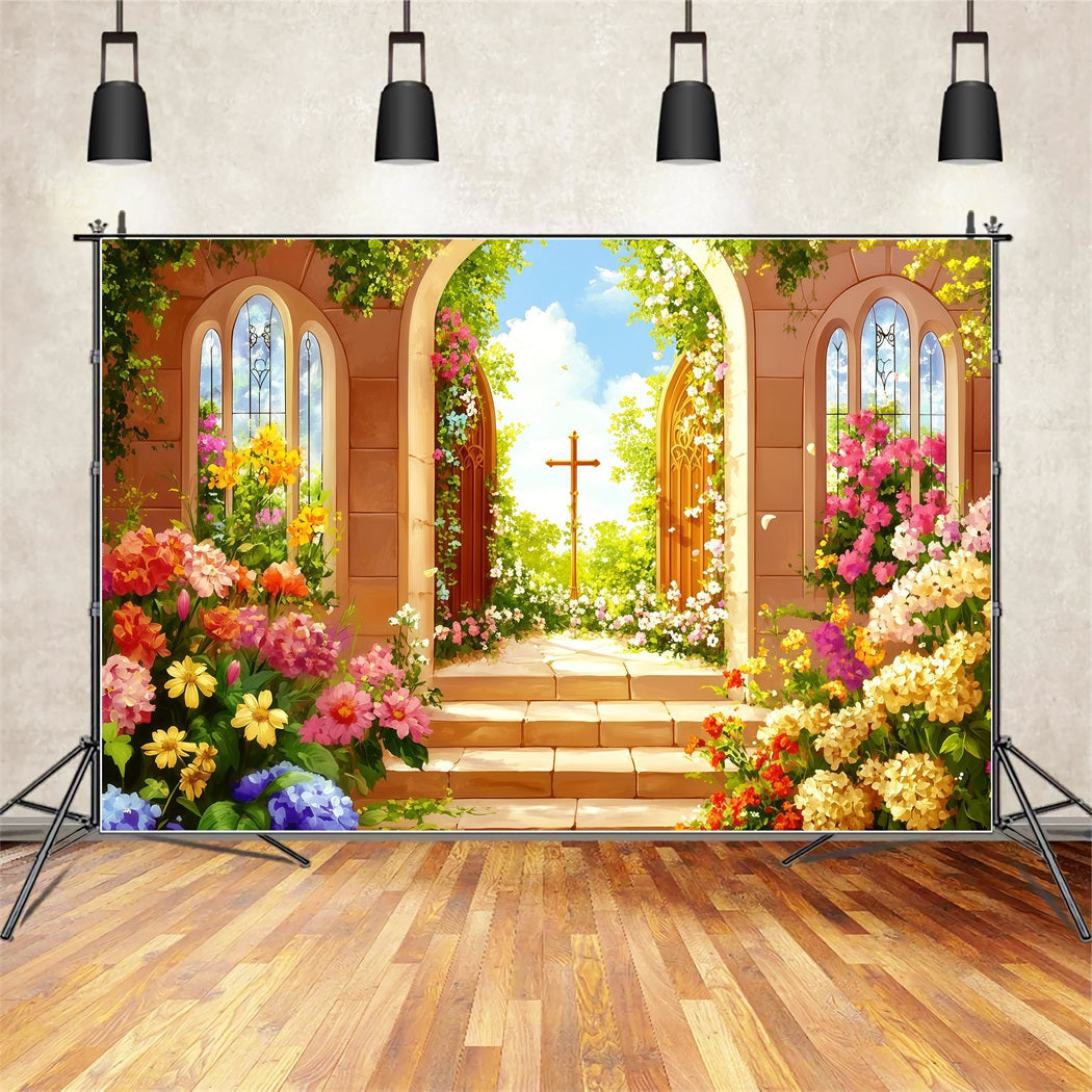 Easter Religious Backdrop Garden Doors Cross Blooms Easter Themed Backdrop UK CSH62-99