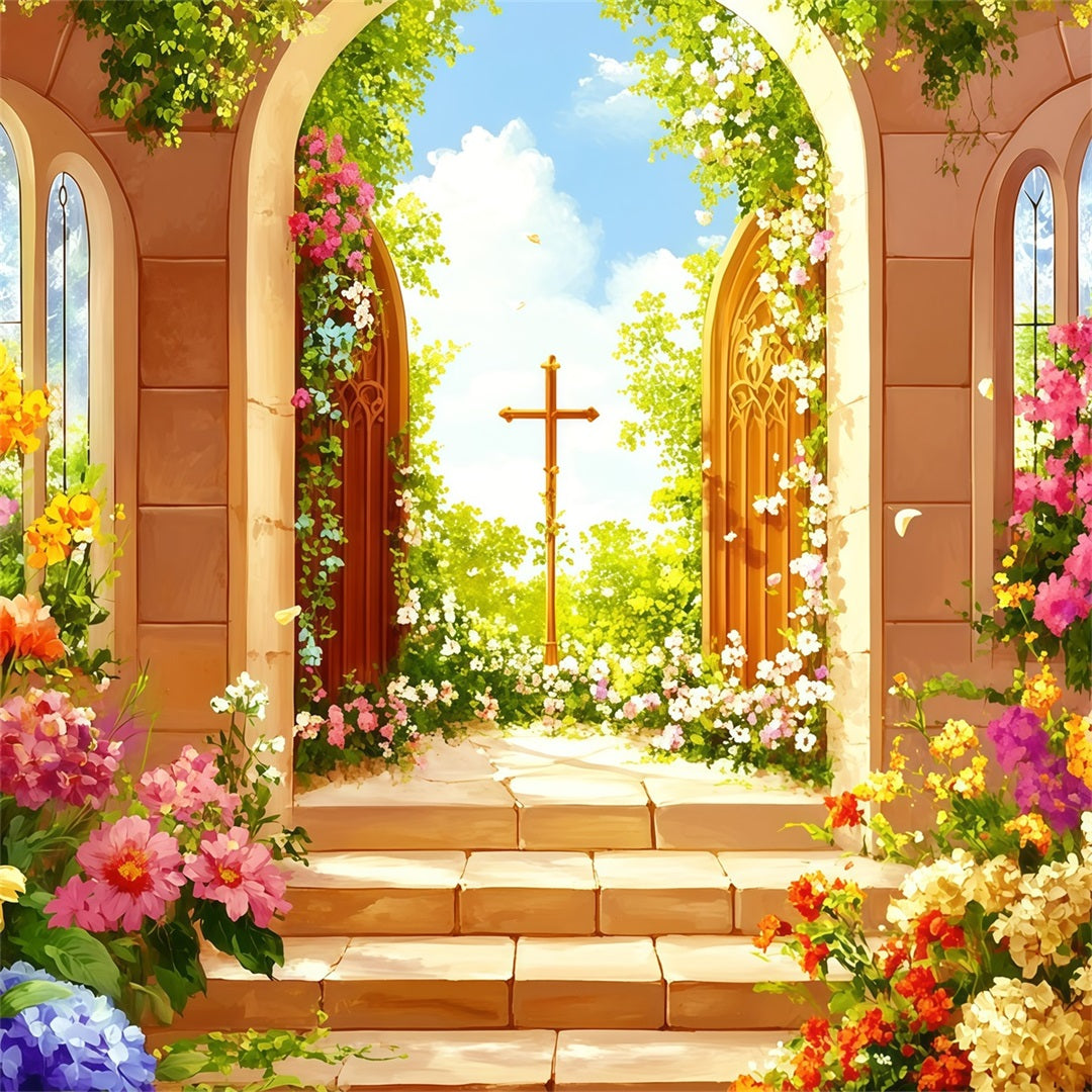 Easter Religious Backdrop Garden Doors Cross Blooms Easter Themed Backdrop UK CSH62-99