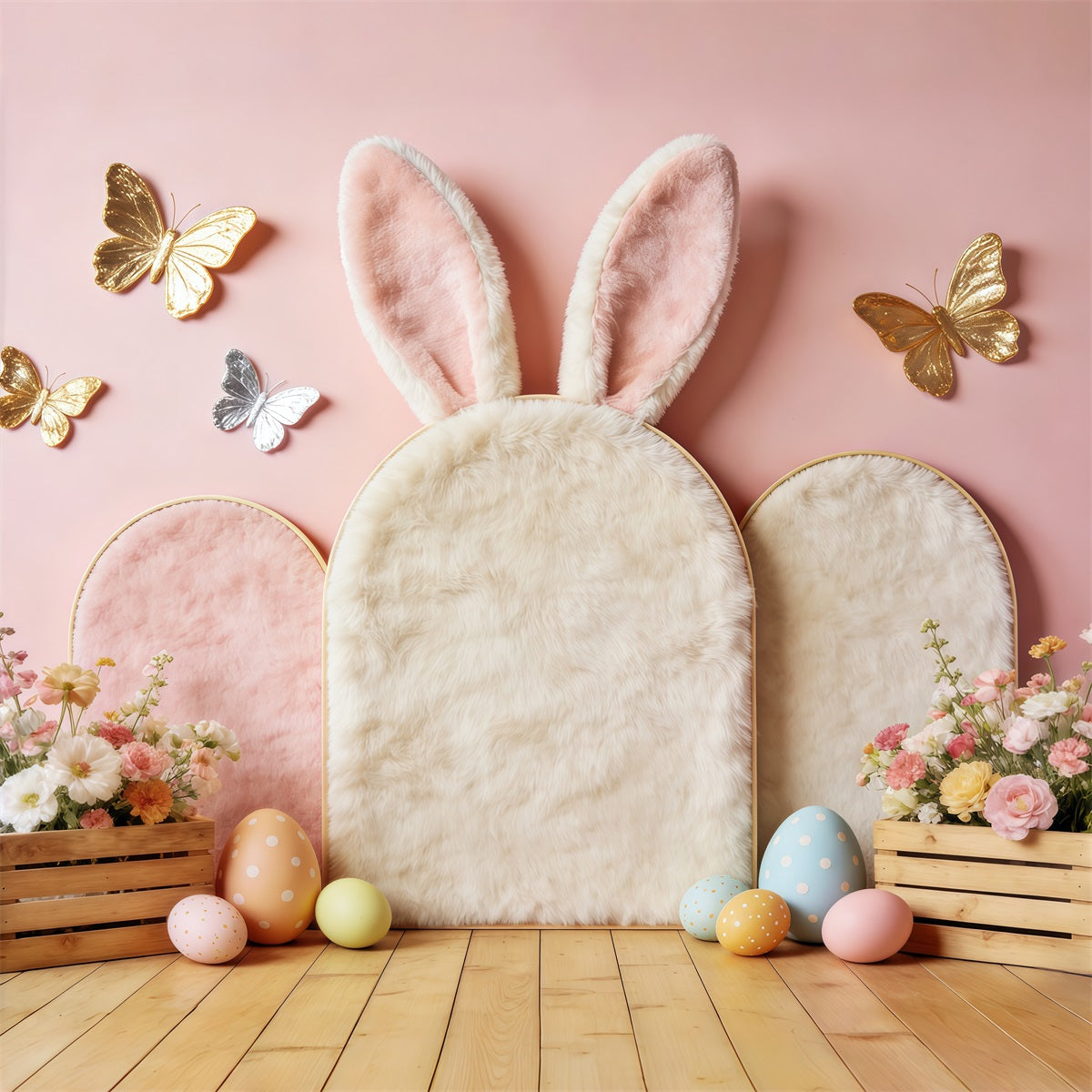 Easter Butterfly Backdrop Pastel Bunny Ears Floral Crates Easter Backdrop UK CSH63-1