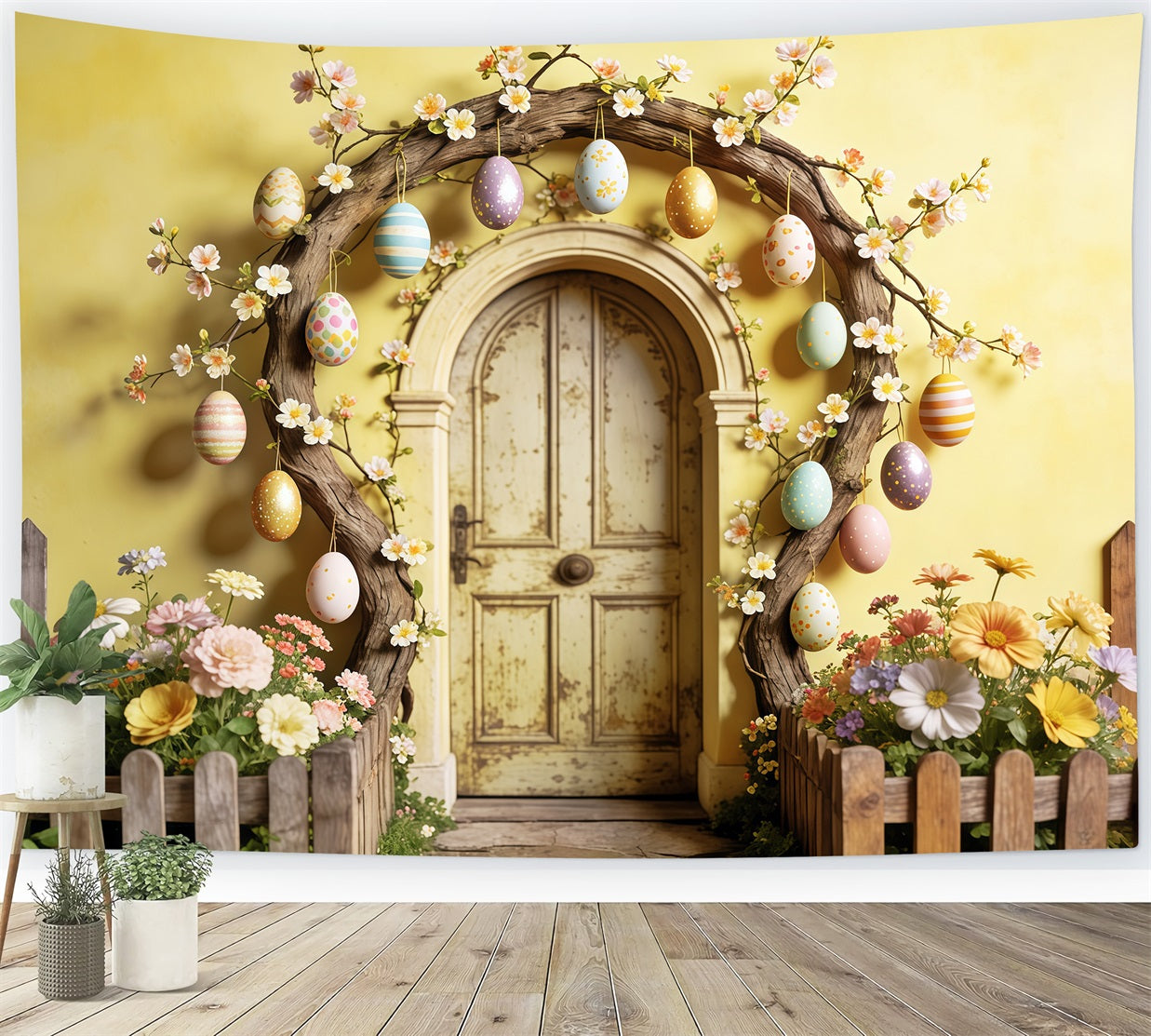 Easter Rustic Backdrop Egg Blossom Wooden Door Arch Easter Backdrops For Pictures UK CSH63-13