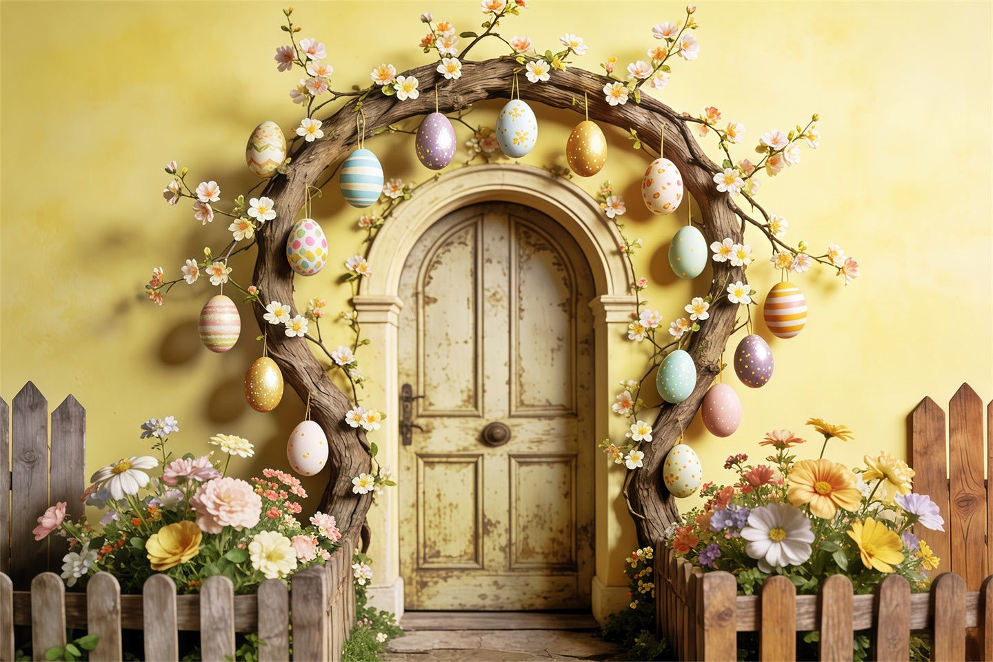 Easter Rustic Backdrop Egg Blossom Wooden Door Arch Easter Backdrops For Pictures UK CSH63-13
