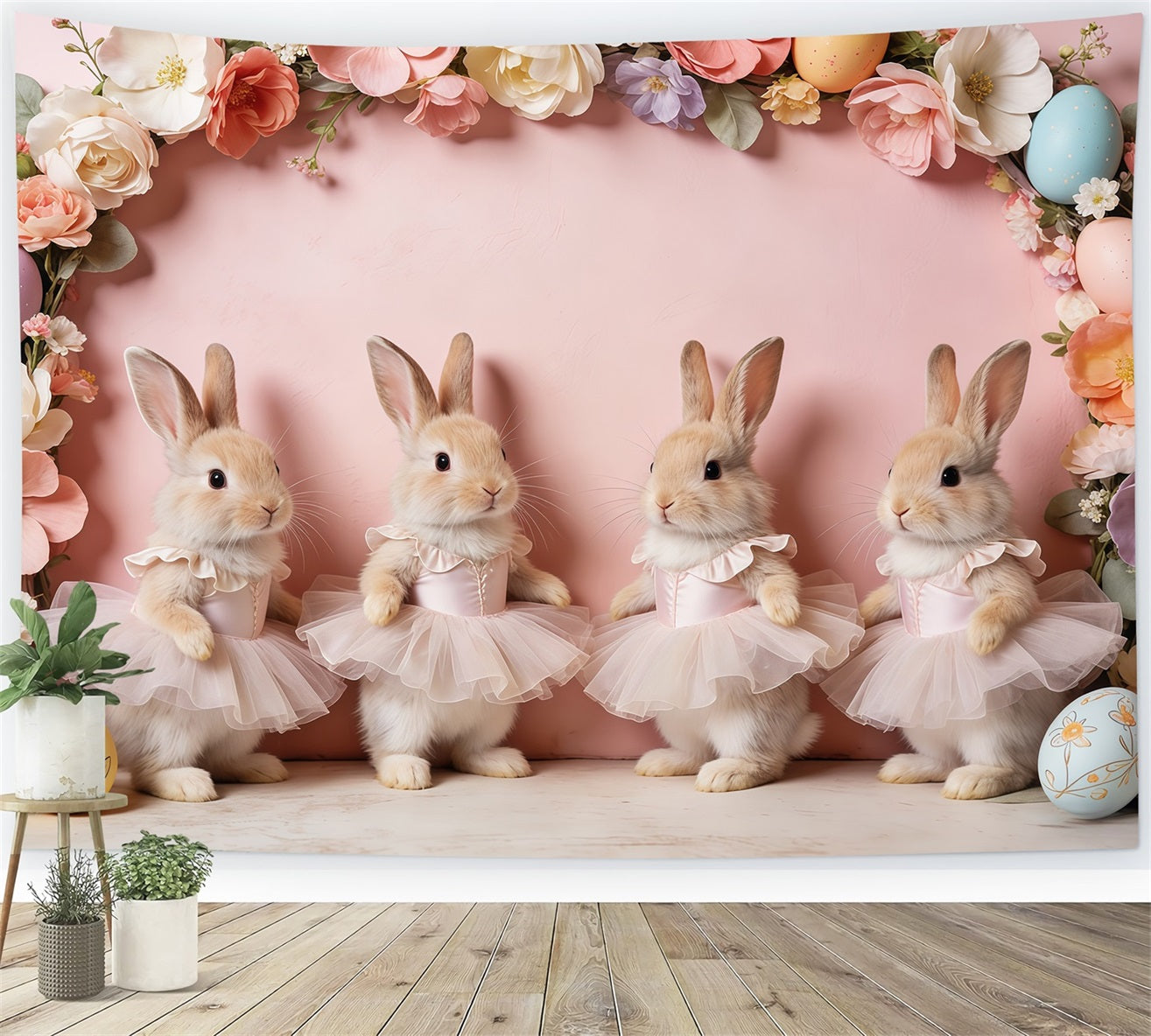 Easter Rabbit Backdrop Ballet Bunny Pink Floral Egg Frame Easter Photoshoot Backdrop UK CSH63-14