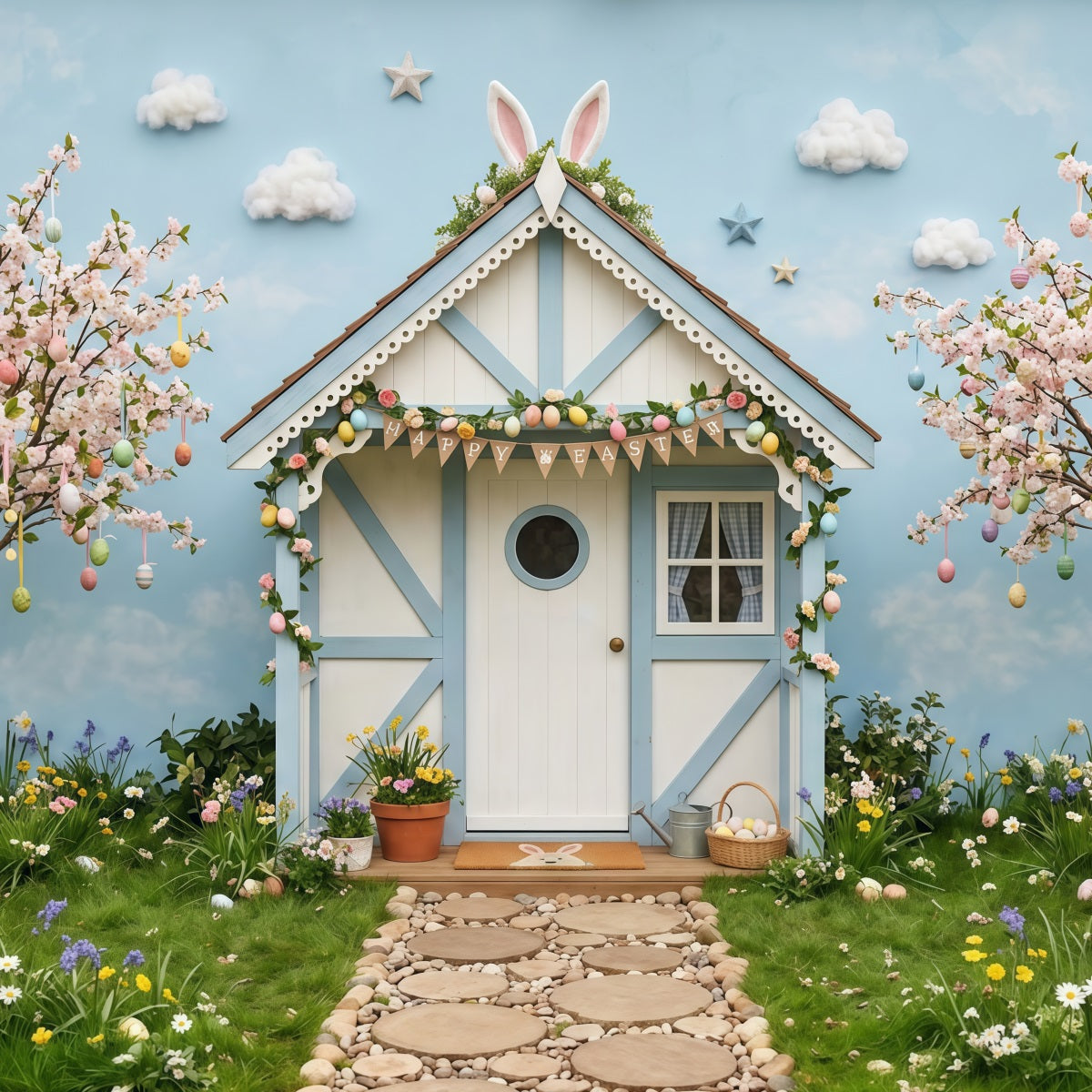 Easter Cherry Blossom Backdrop Spring Bunny Cottage Trees Easter Photo Backdrop UK CSH63-2